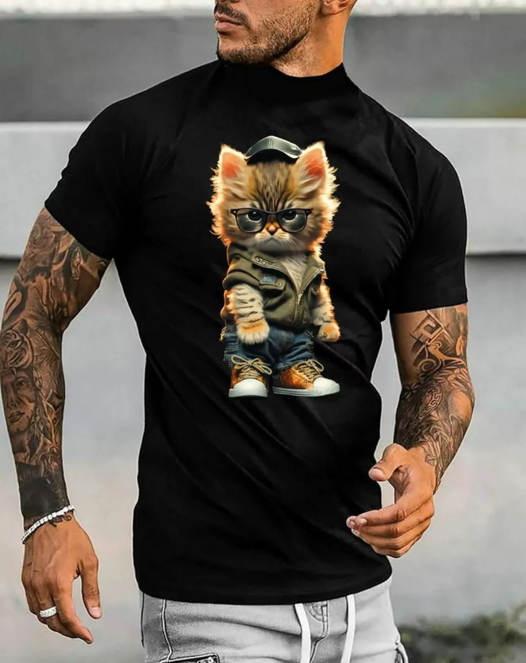 RMK T-Shirt Herren Basic Rundhals mit Gangster süße Katze Cat aus Baumwolle günstig online kaufen