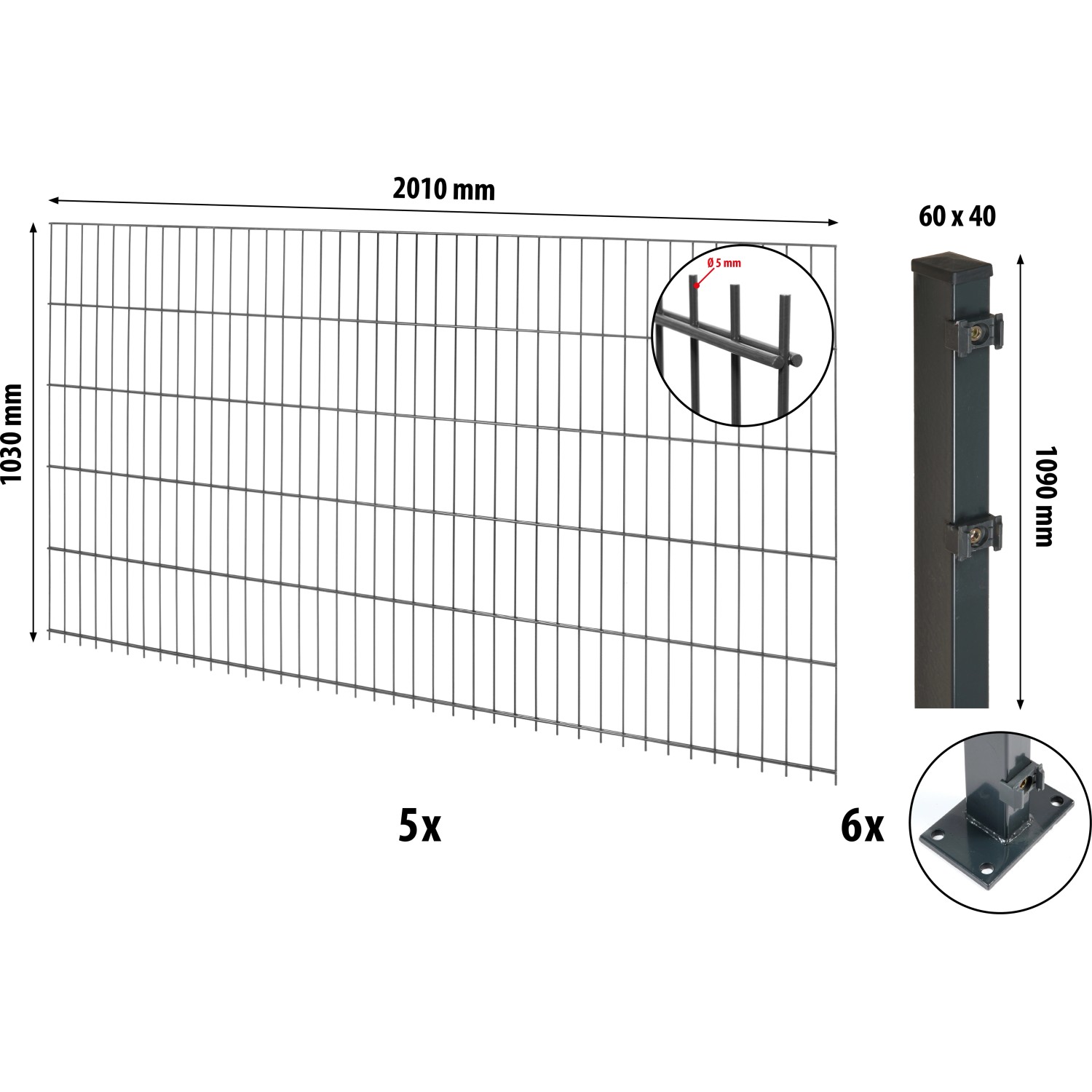 Floraworld Doppelstabmatten-Zaunset mit Bodenplatte Anthrazit 103 cm x 1000 günstig online kaufen