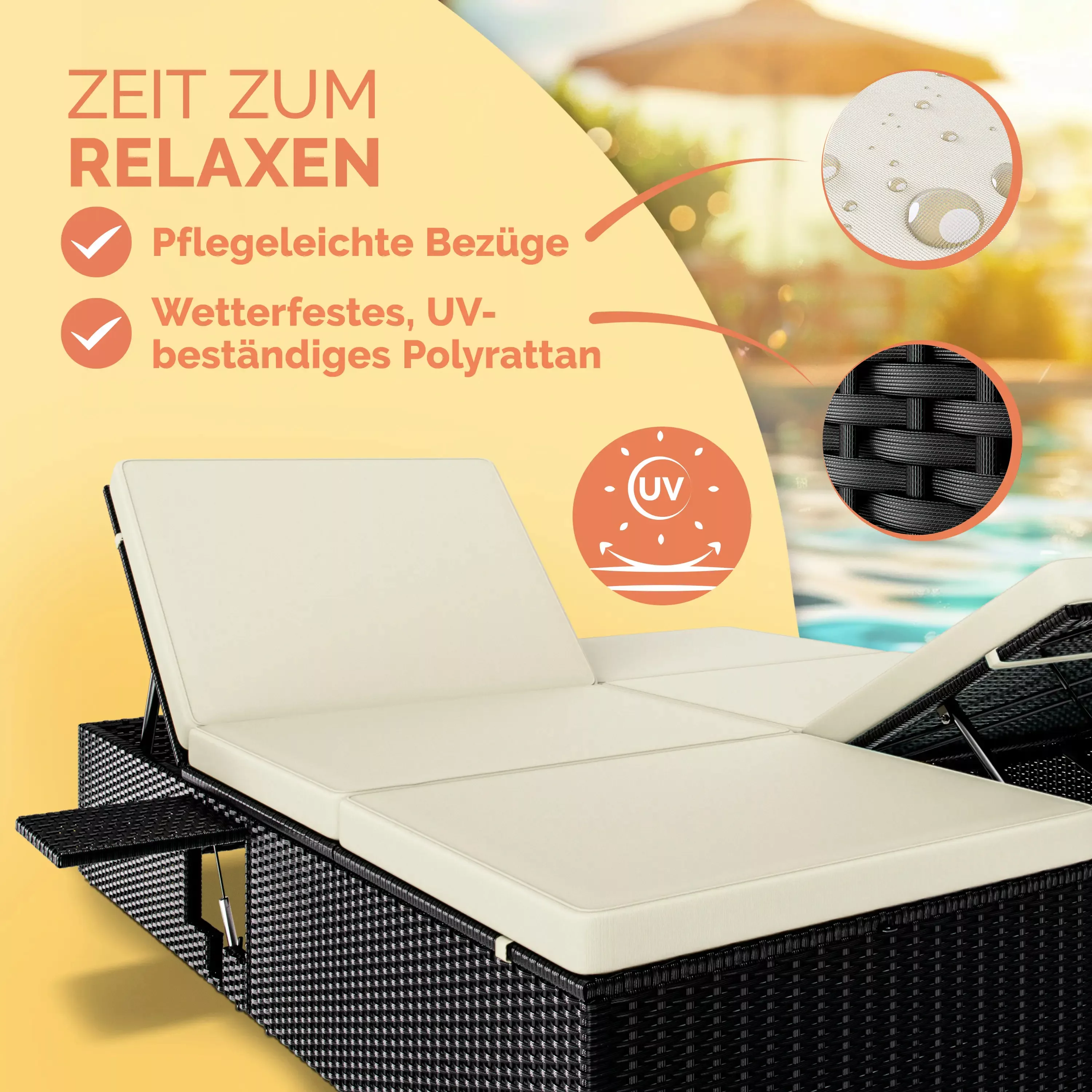 Polyrattan Sonnenliege Schwarz/Creme 200x160x33cm günstig online kaufen