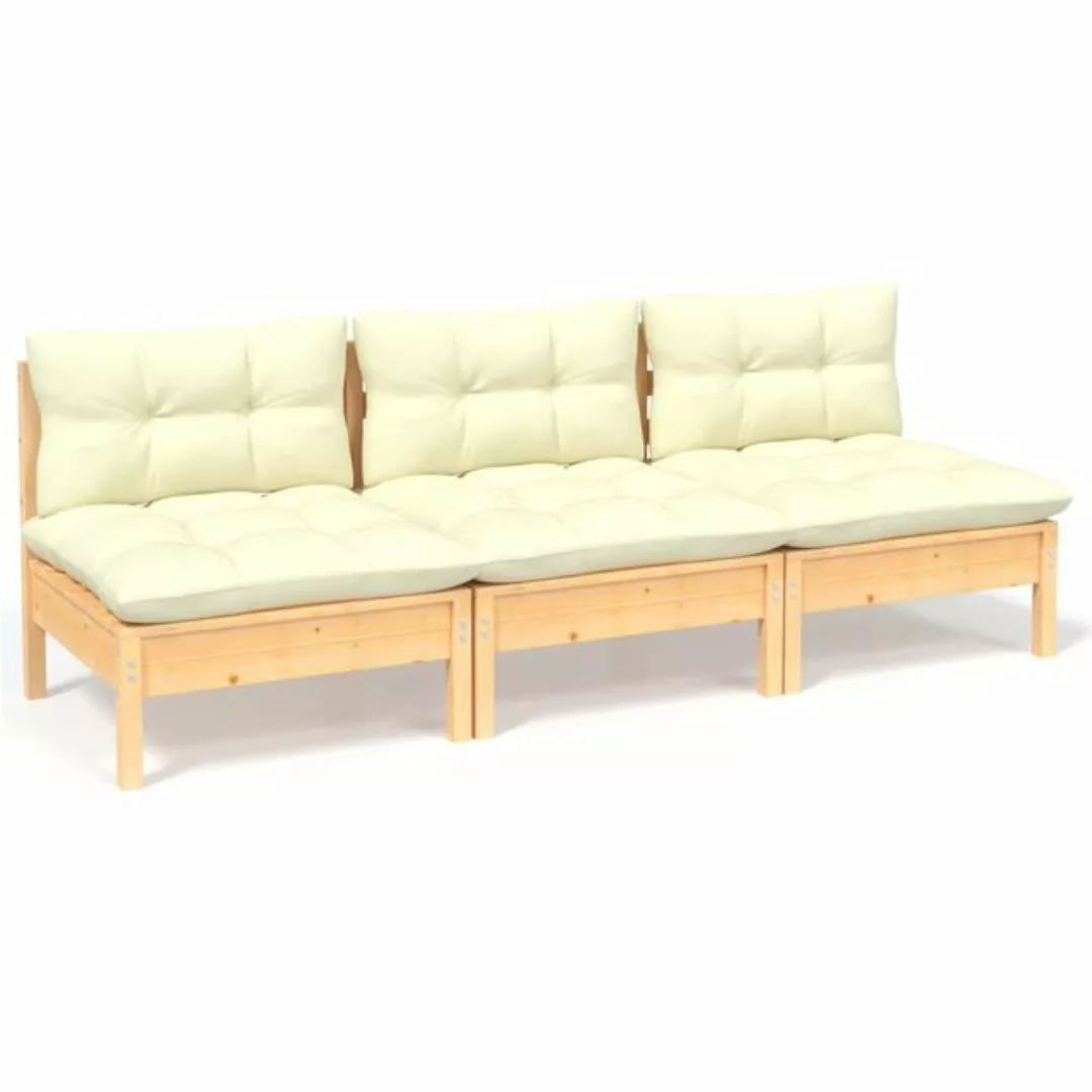 vidaXL Loungesofa 3-Sitzer-Gartensofa mit Creme Kissen Massivholz Kiefer, 1 günstig online kaufen