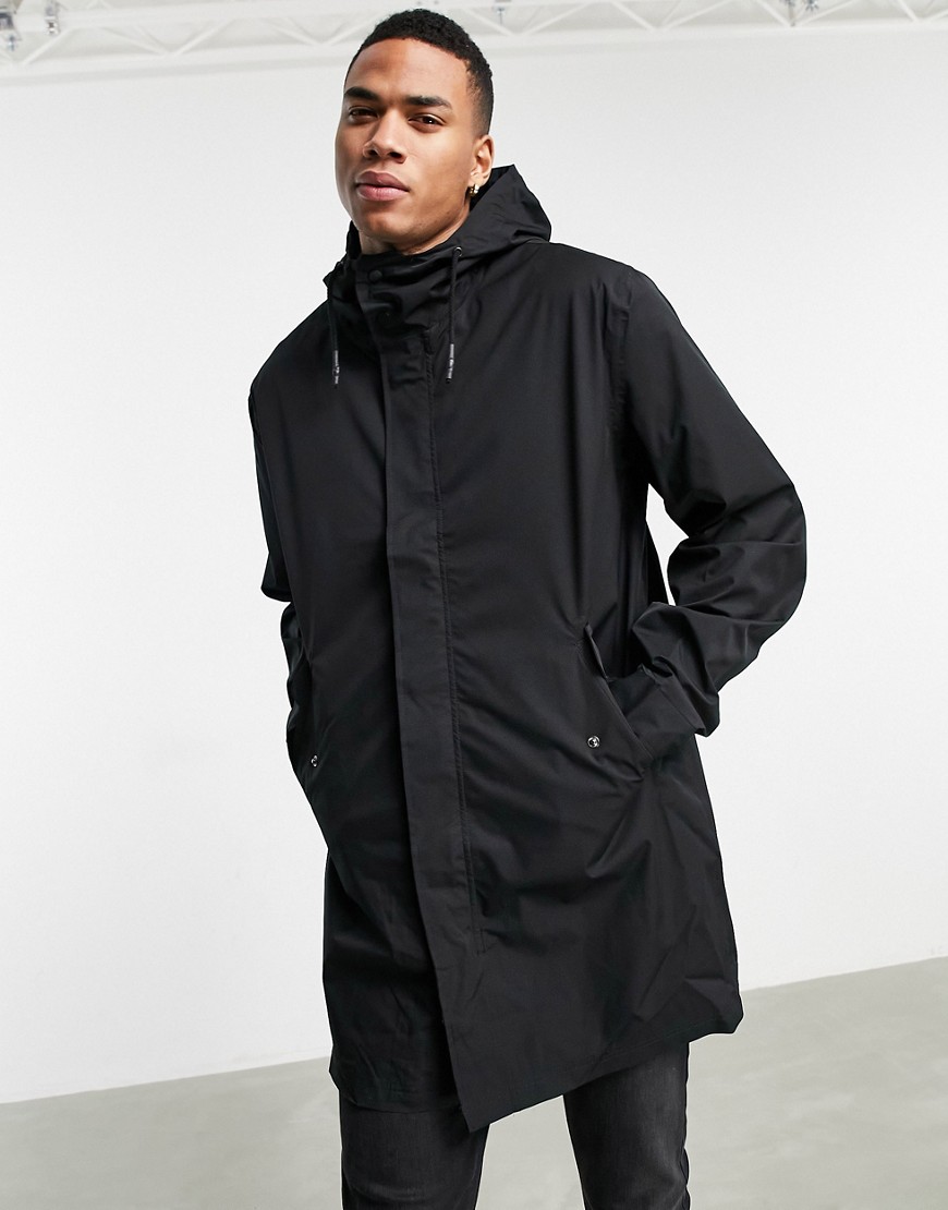 ASOS DESIGN – Lang geschnittene, wasserabweisende Regenjacke in Schwarz günstig online kaufen