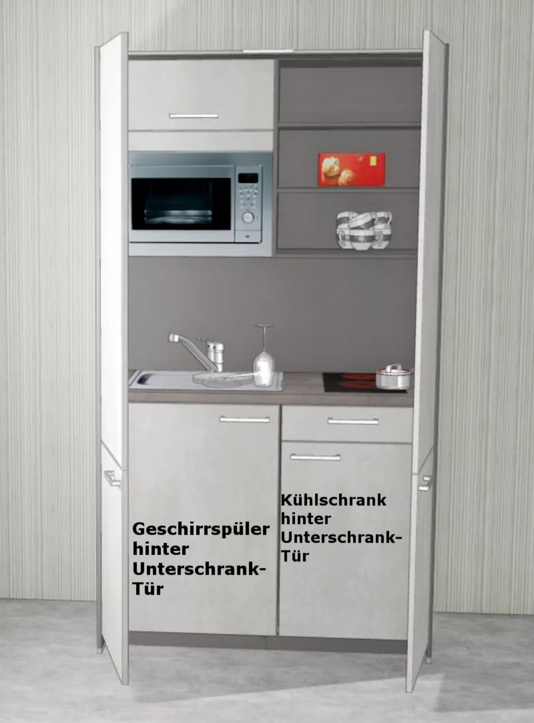 Schrankküche MANKAHIDE 4KGM Weißbeton(Höhe XXL) Küchenblock 120 cm mit Elek günstig online kaufen