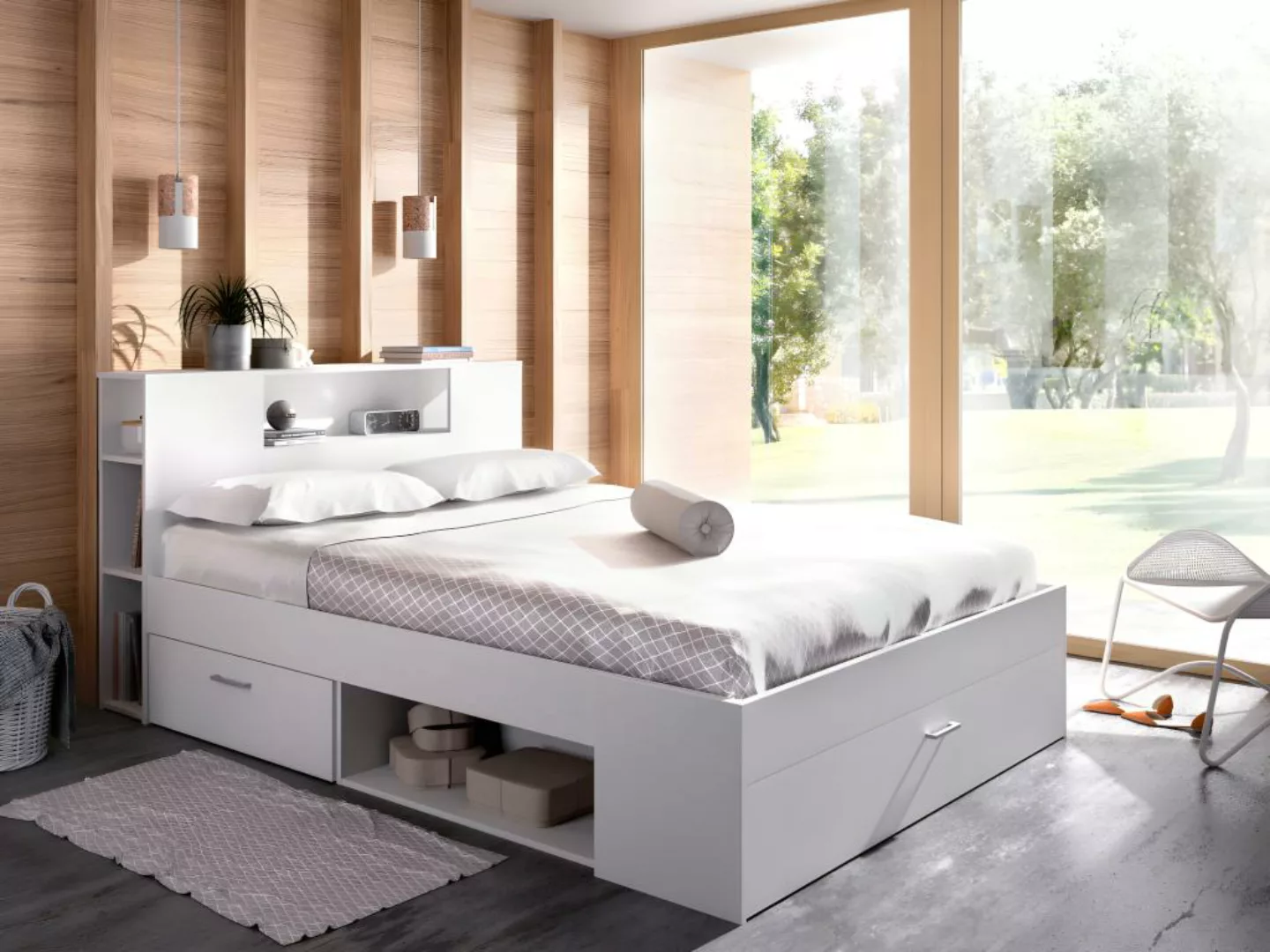 Bett mit Stauraum & Schubladen + Lattenrost - 160 x 200 cm - Weiß - LEANDRE günstig online kaufen