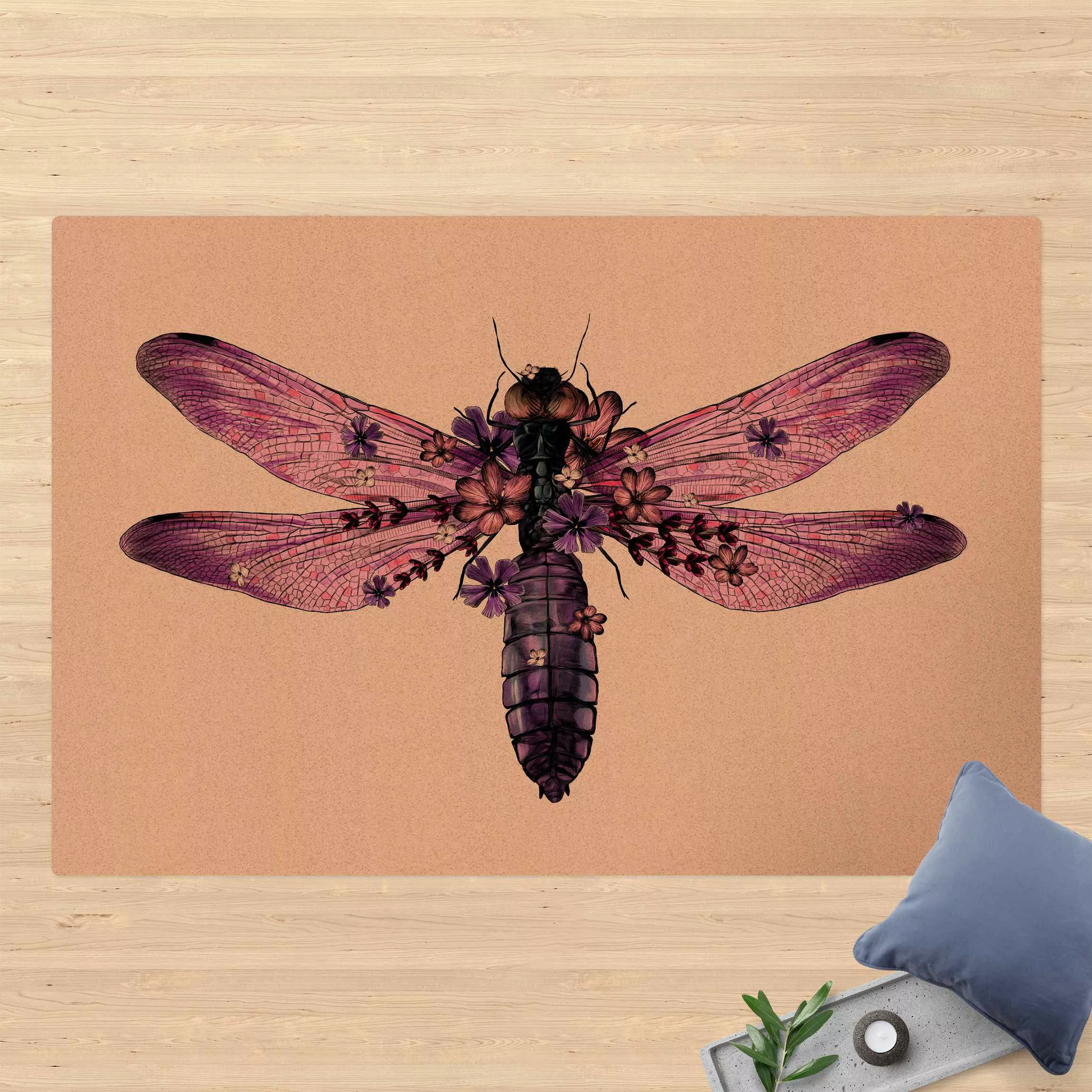 Kork-Teppich Illustration florale Libelle günstig online kaufen