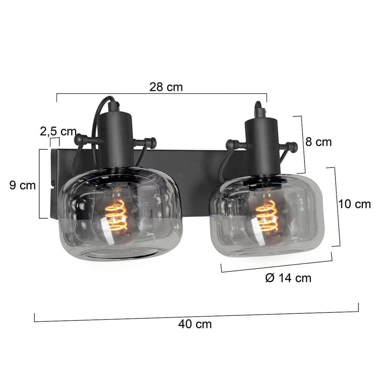 Wandleuchte Glaslic, zweiflammig, rauchgrau, Glas, Metall günstig online kaufen