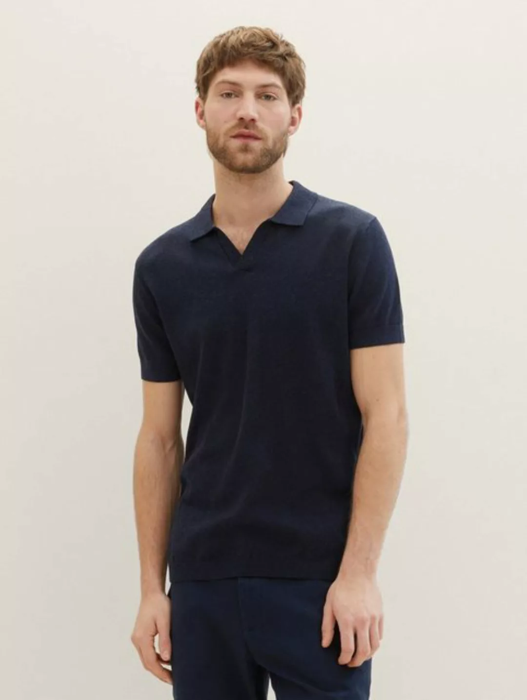 TOM TAILOR Strickpullover Basic Poloshirt mit Leinen günstig online kaufen