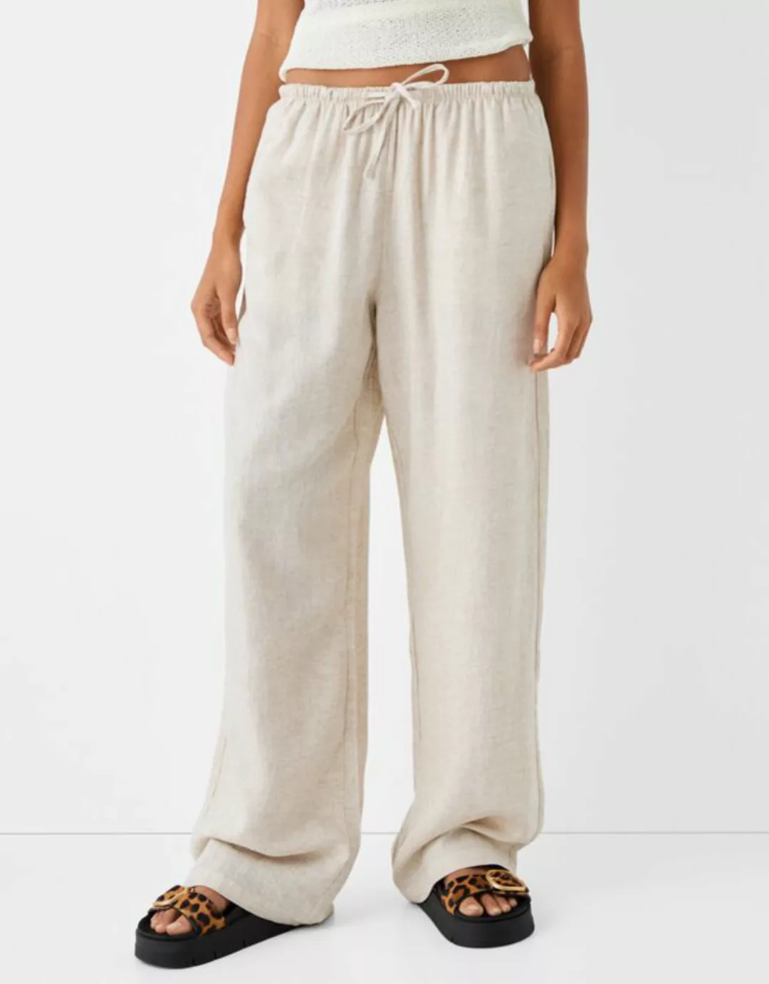 Bershka Straight-Fit-Hose Mit Leinen Und Stretchbund Damen Xl Rohweiß günstig online kaufen