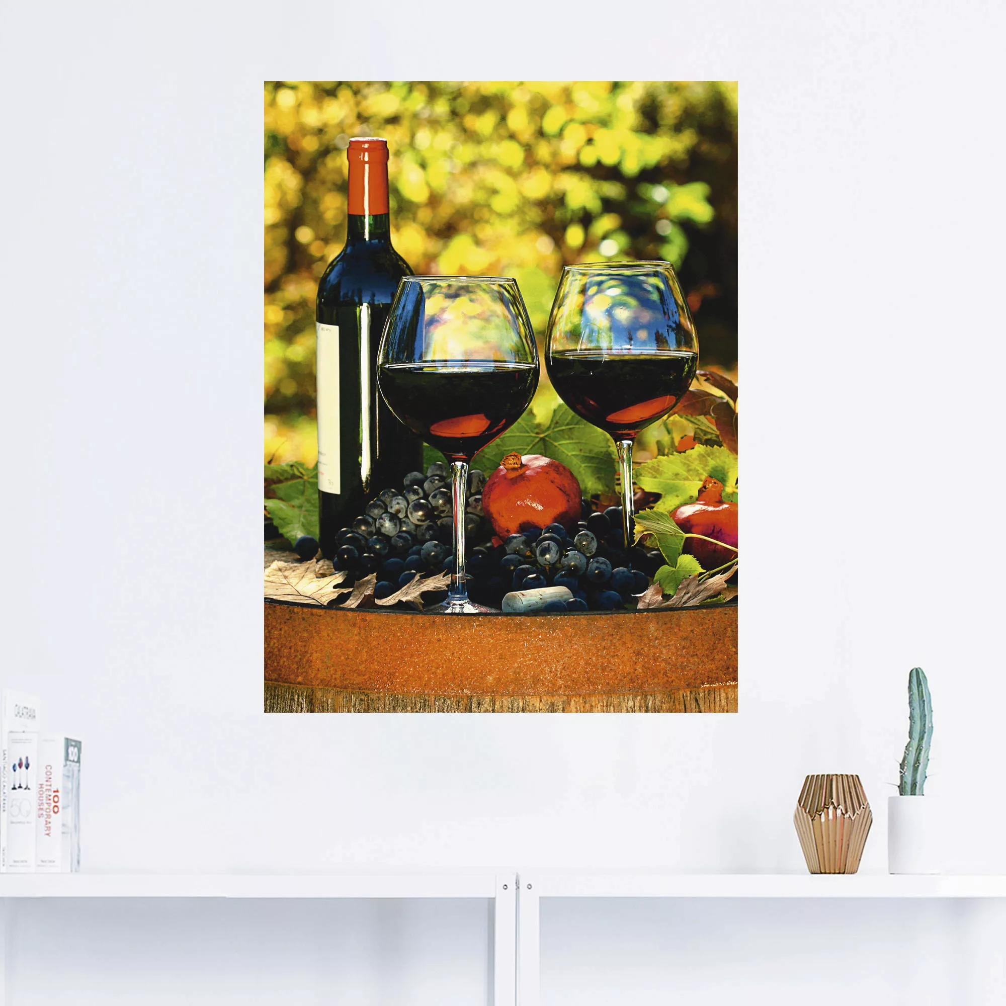 Artland Wandbild "Gläser Rotwein auf altem Fass", Getränke, (1 St.), als Po günstig online kaufen