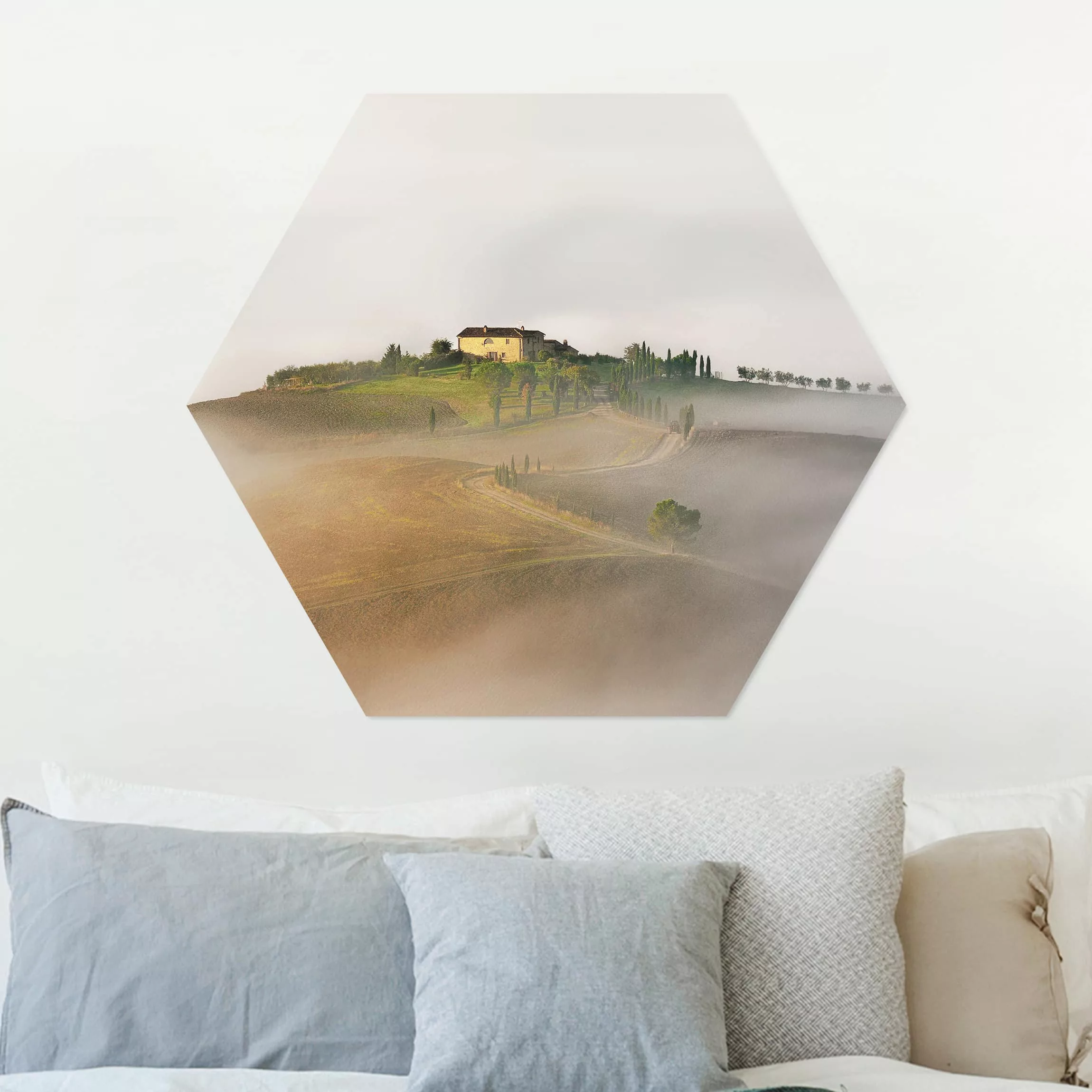 Hexagon-Alu-Dibond Bild Architektur & Skyline Morgennebel in der Toskana günstig online kaufen