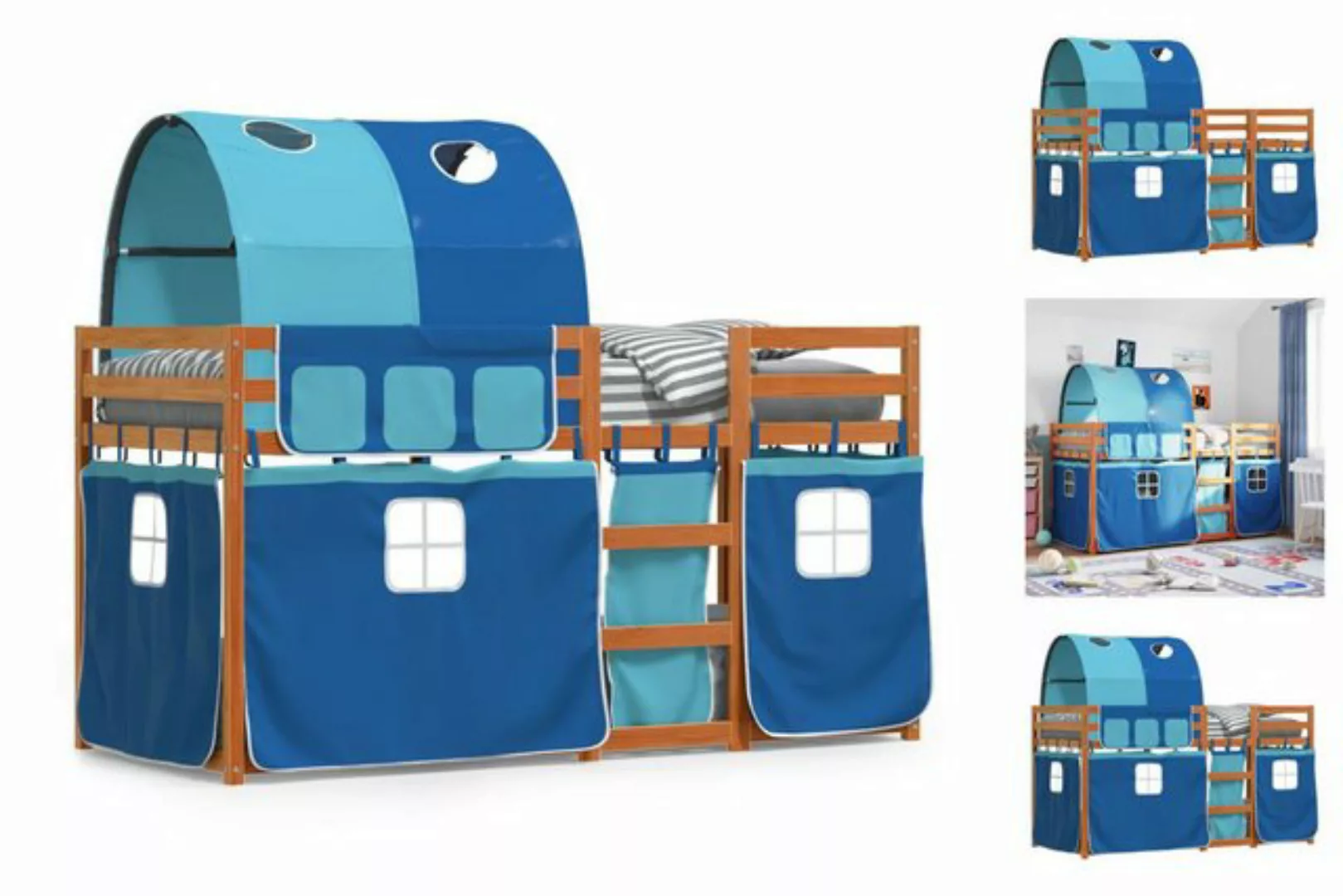 vidaXL Kinderbett Etagenbett mit Vorhängen Blau 90x200 cm Massivholz Kiefer günstig online kaufen