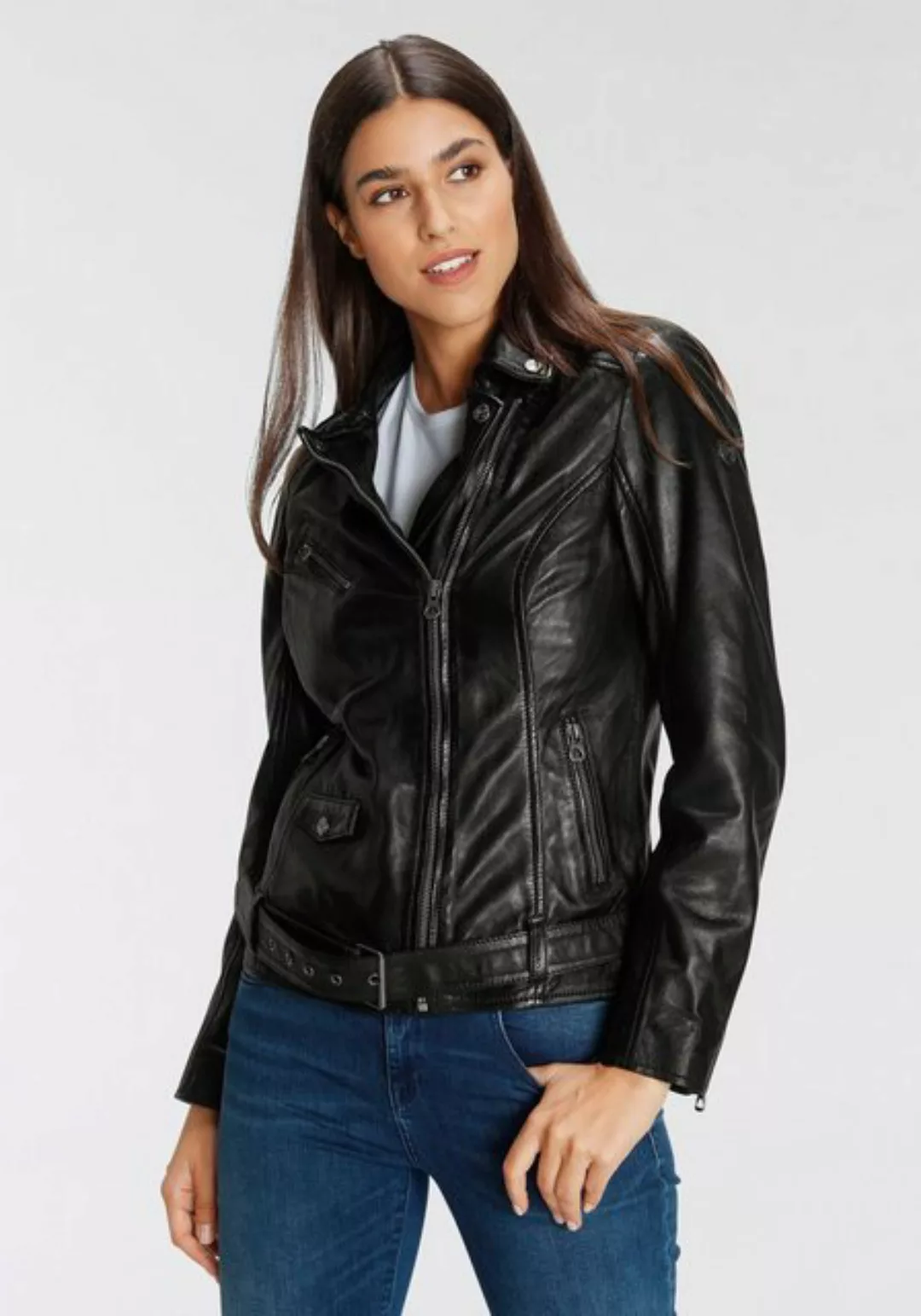 Mauritius Lederjacke "AUBREE", lässige Bikerjacke mit Gürtel günstig online kaufen