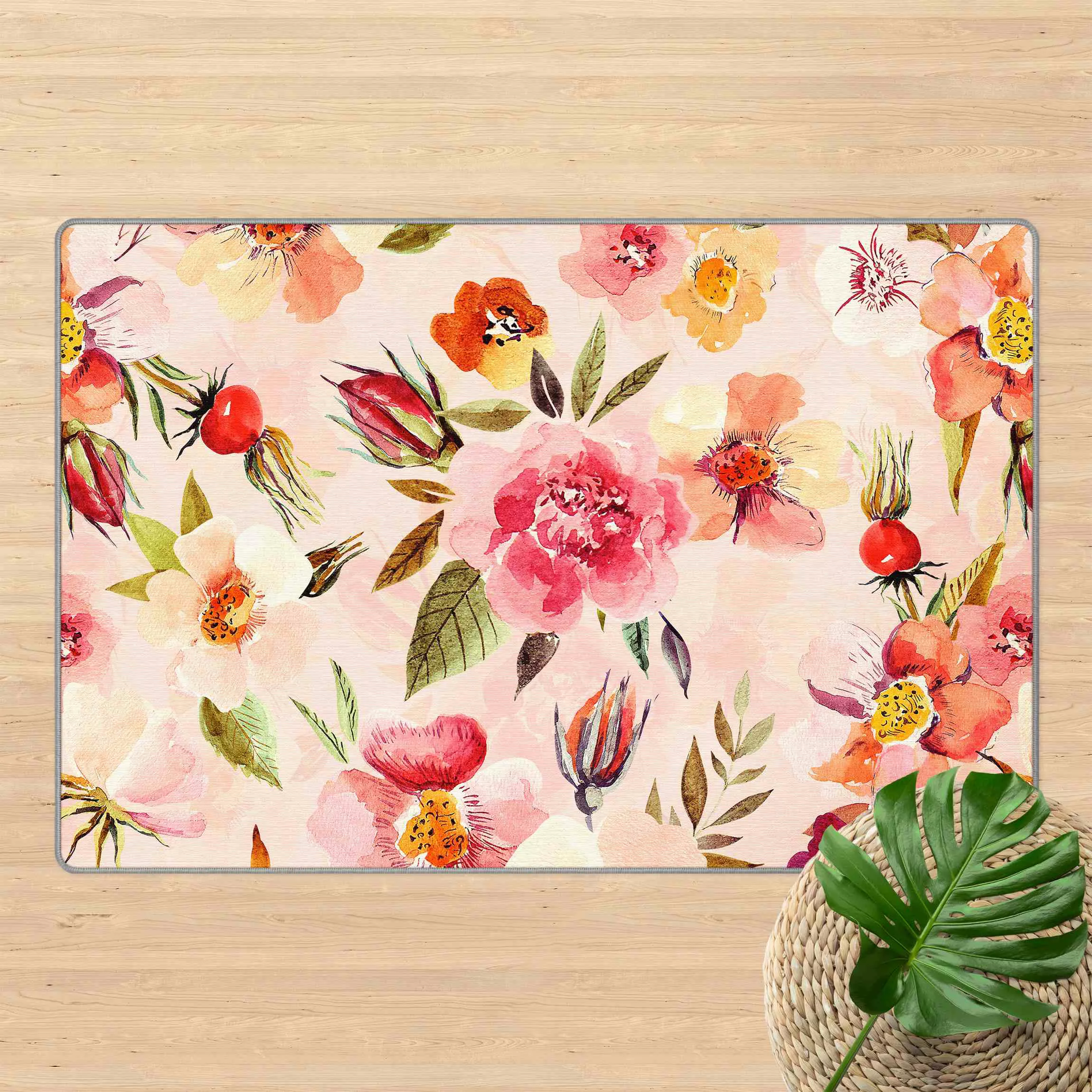 Teppich Aquarellierte Blumen auf Rosa günstig online kaufen