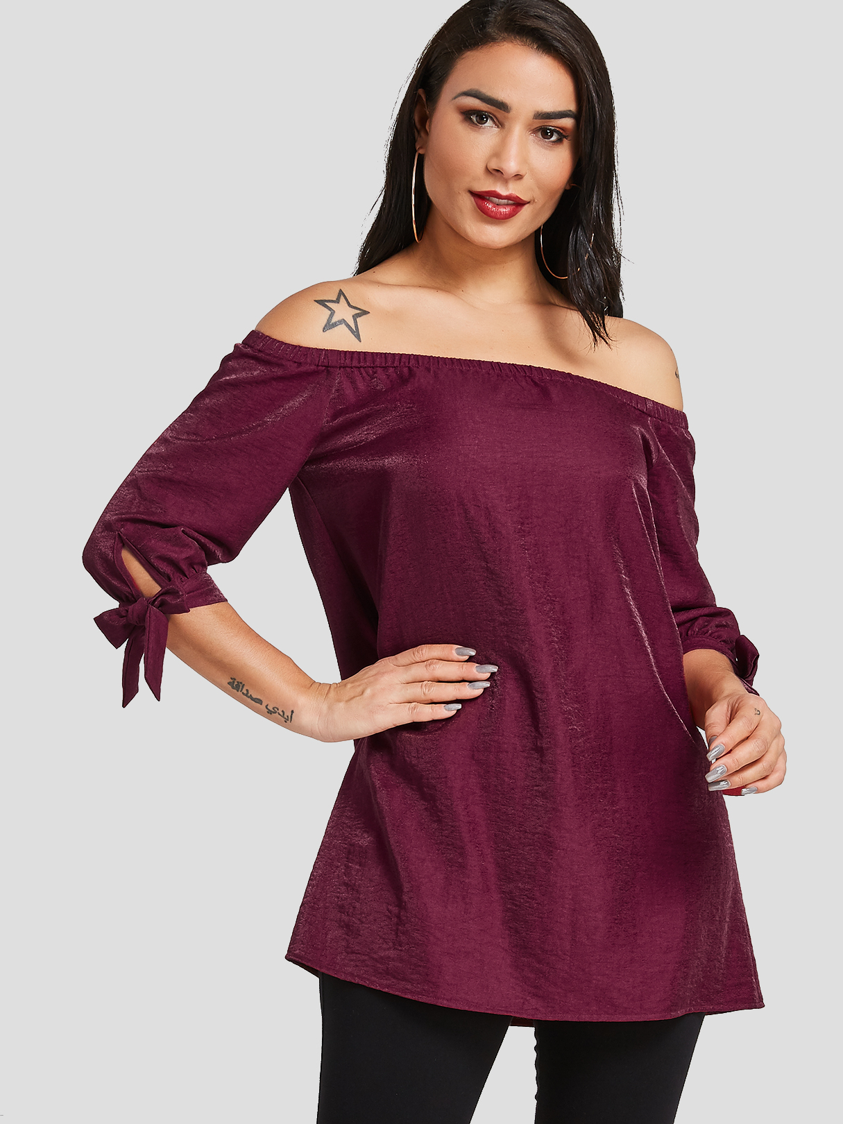 Burgunder Selbstbindung Design Off The Shoulder Halbarm Bluse günstig online kaufen