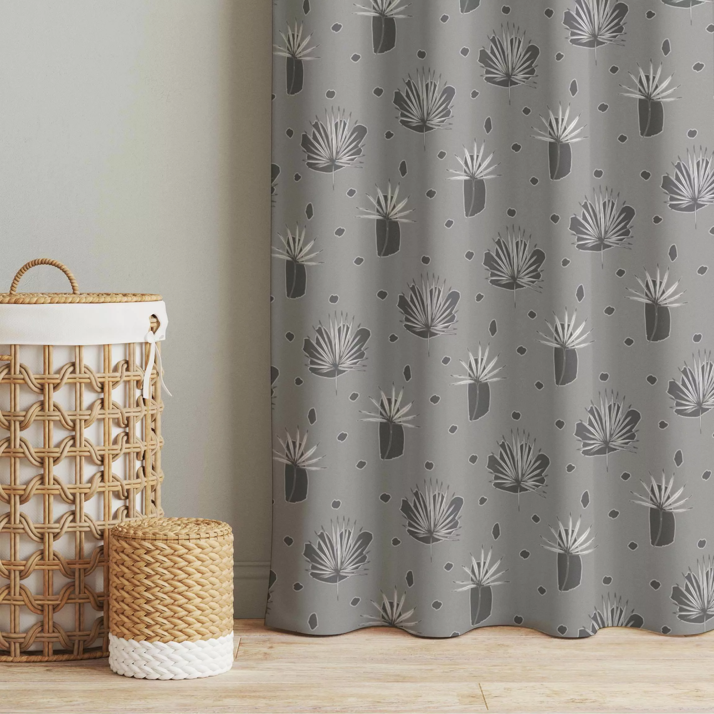 Vorhang Farn Blätter mit Punkten - Grau günstig online kaufen