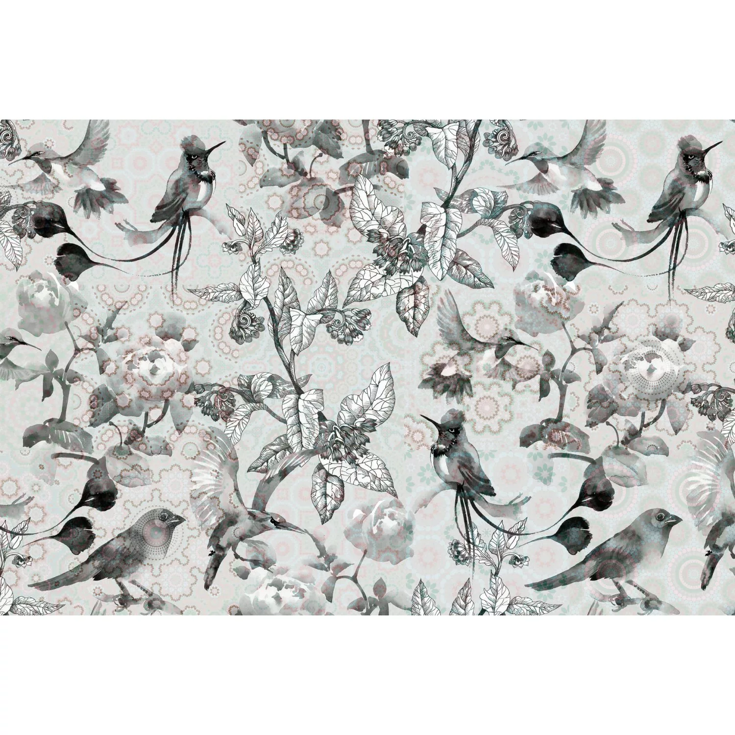 Fototapete Blumen Vögel Grafik Grau Grün 4,00 m x 2,70 m FSC® günstig online kaufen