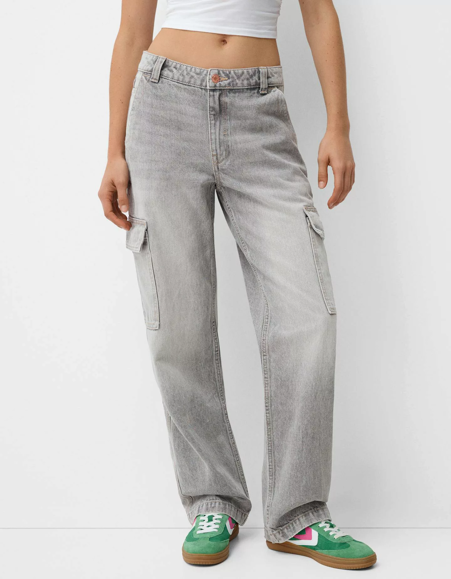 Bershka Cargohose Im Straight-Fit Damen 44 Grau günstig online kaufen