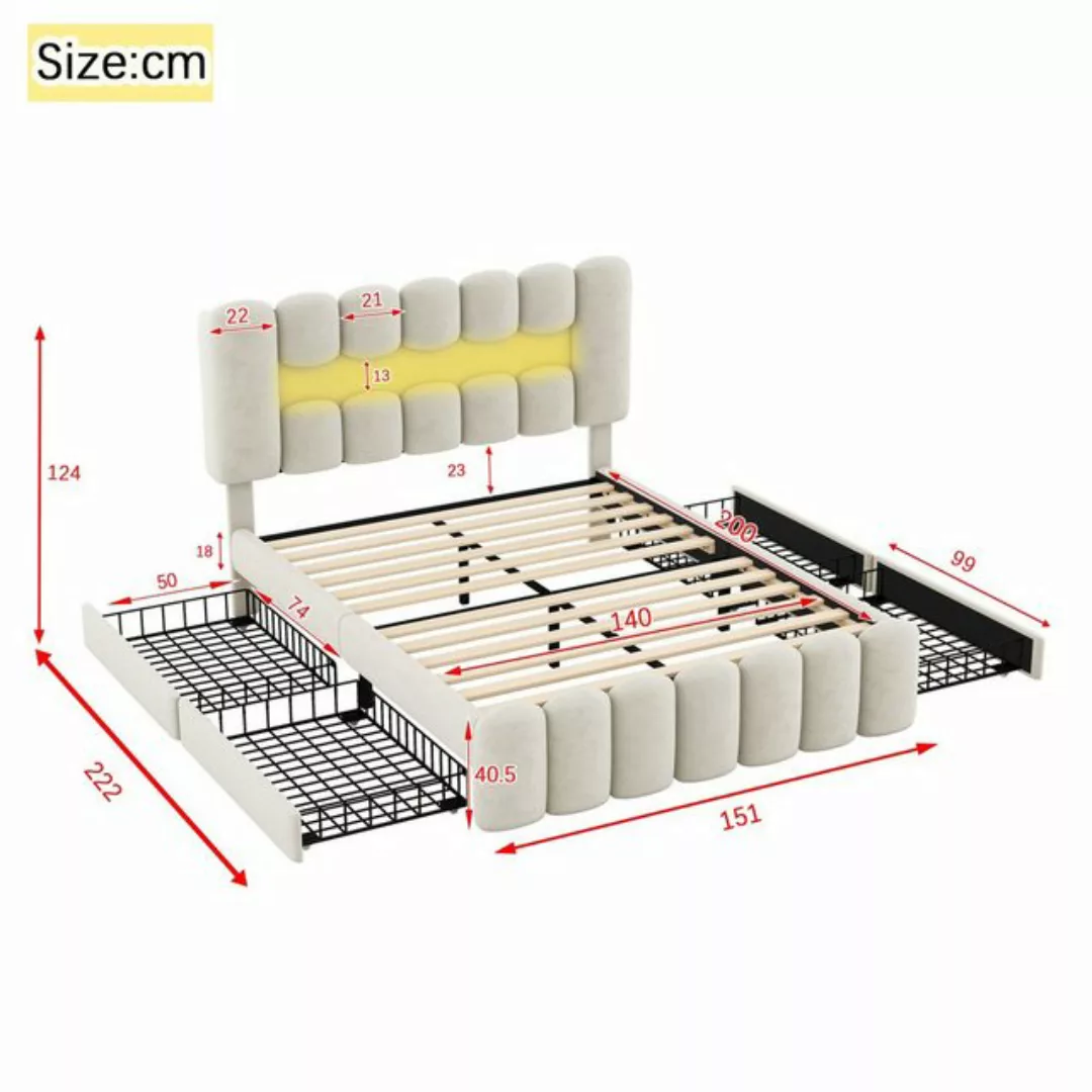 Ulife Polsterbett Doppelbett mit 4 Schubladen und USB-Aufladen, LED Beleuch günstig online kaufen