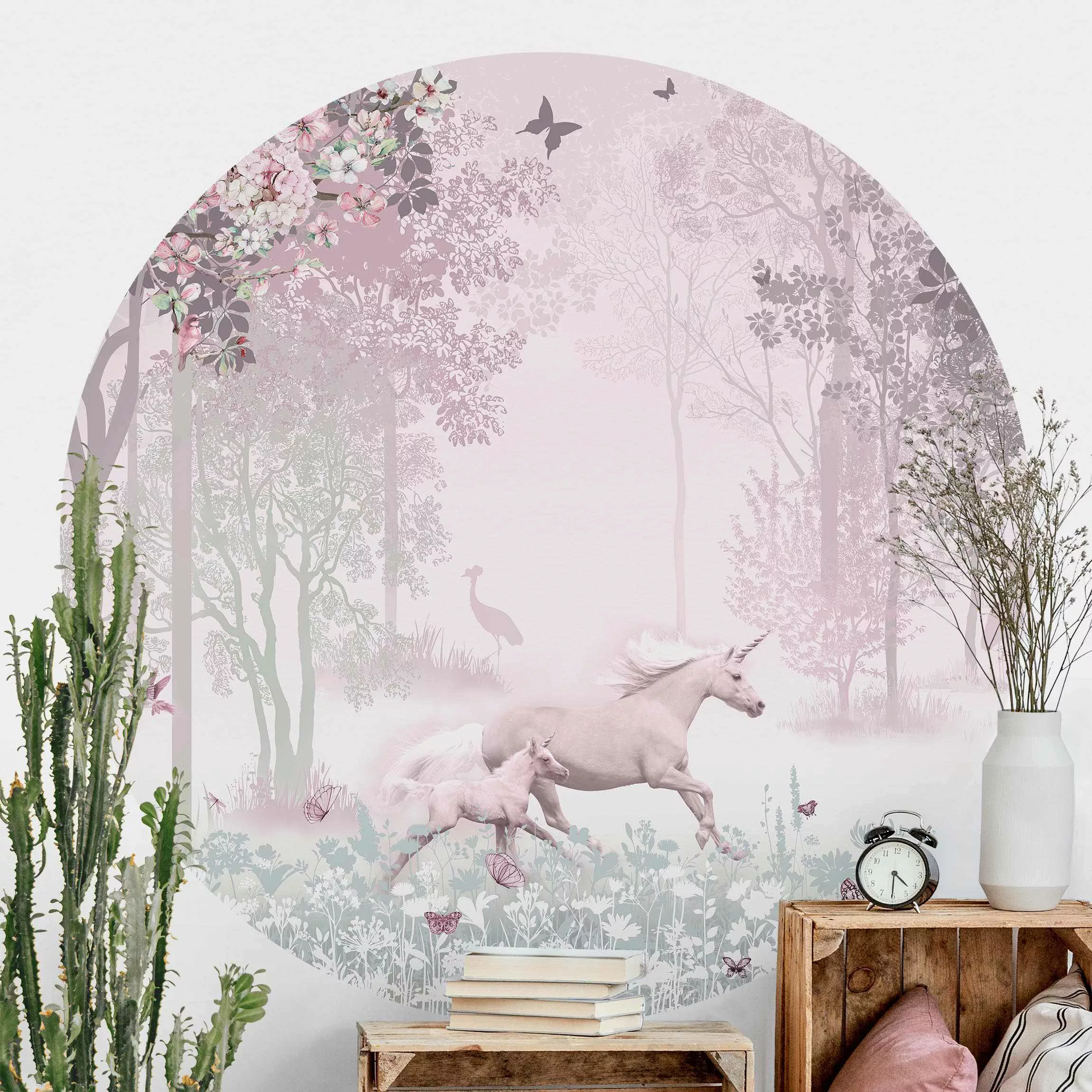Runde Tapete selbstklebend Einhorn auf Blumenwiese in Rosa günstig online kaufen