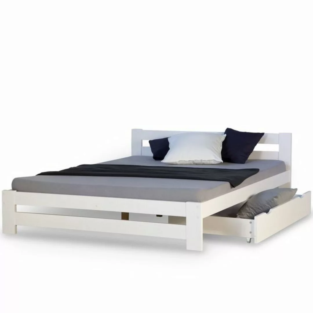 Homestyle4u Holzbett 140x200 Doppelbett Weiß Kiefer Bett Bettkasten günstig online kaufen