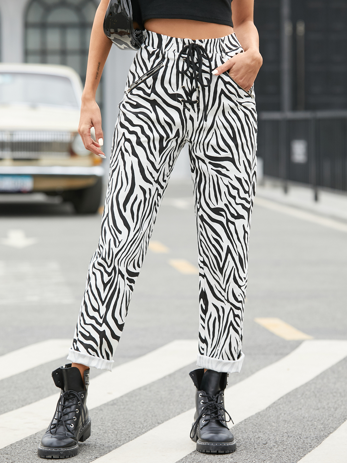 YOINS Zebra Seitentaschen Kordelzug-Taillenhose günstig online kaufen