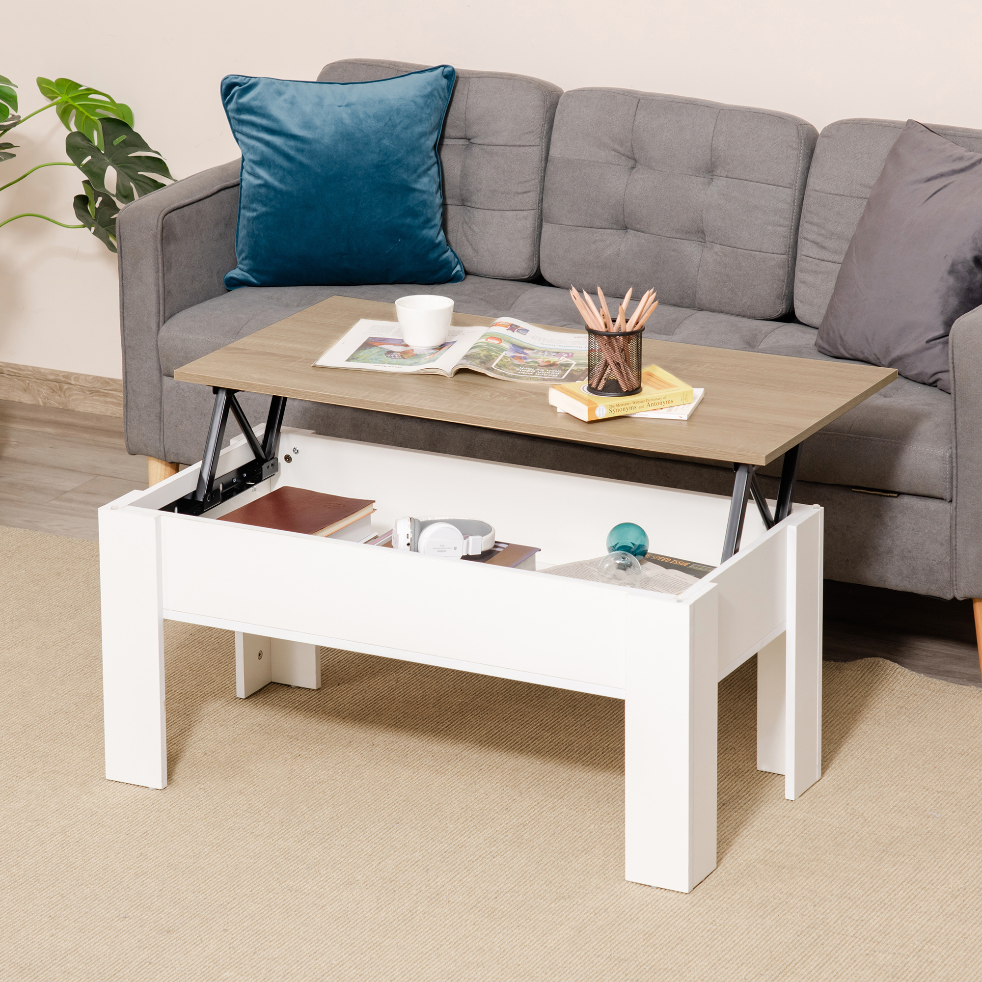 HOMCOM Höhenverstellbarer Couchtisch, Wohnzimmertisch mit verborgenem Staur günstig online kaufen