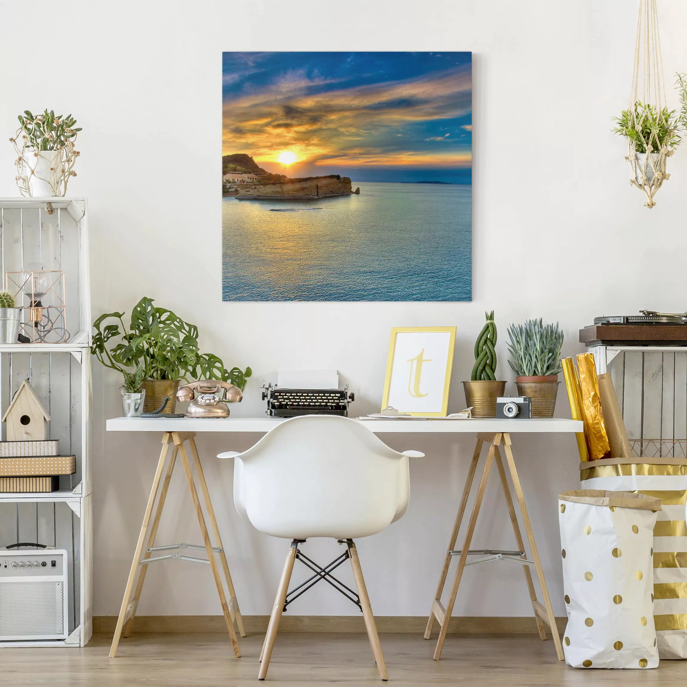 Leinwandbild Strand - Quadrat Sonnenuntergang über Korfu günstig online kaufen
