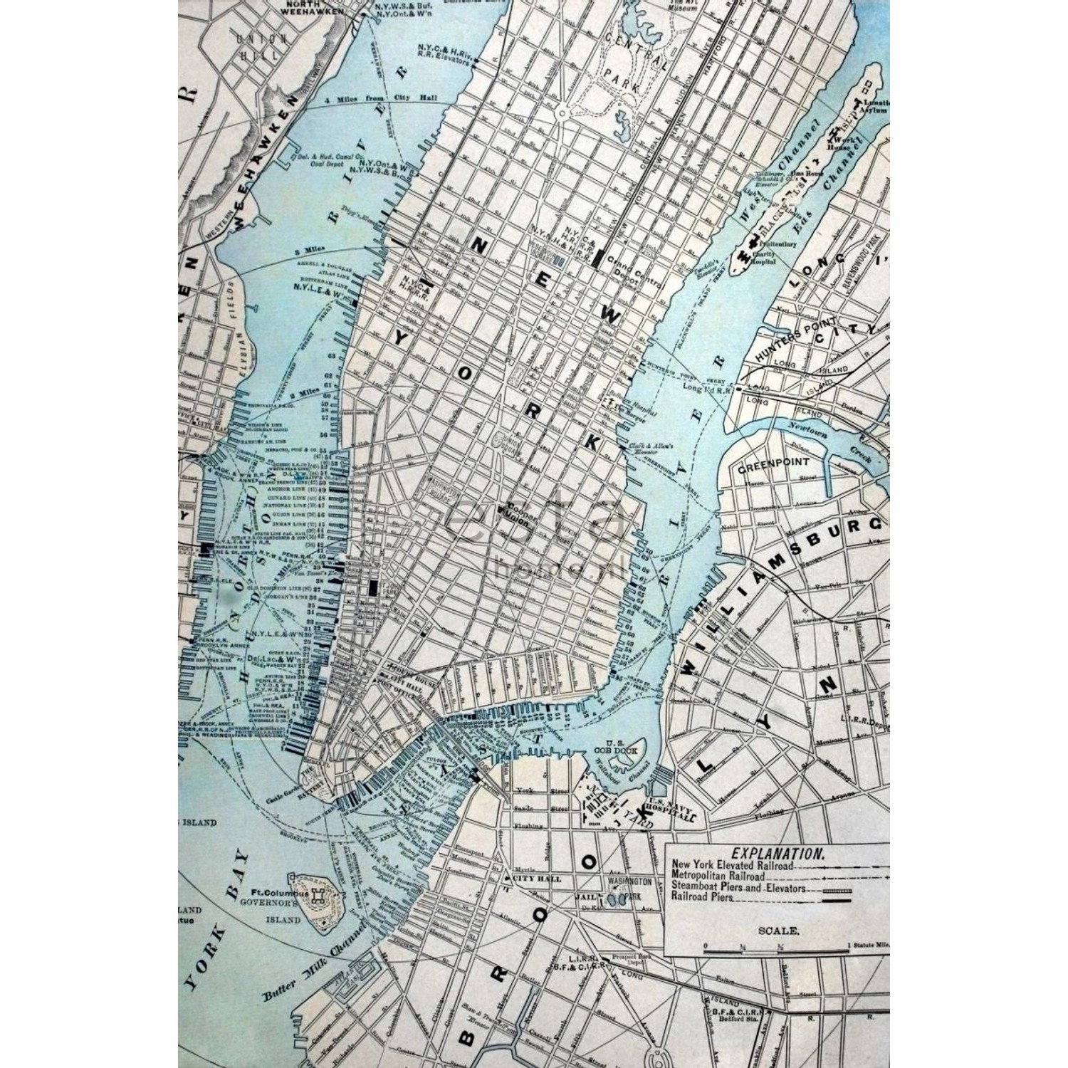 ESTAhome Fototapete Alter Stadtplan Von New York Grau und Blau 186 x 279 cm günstig online kaufen