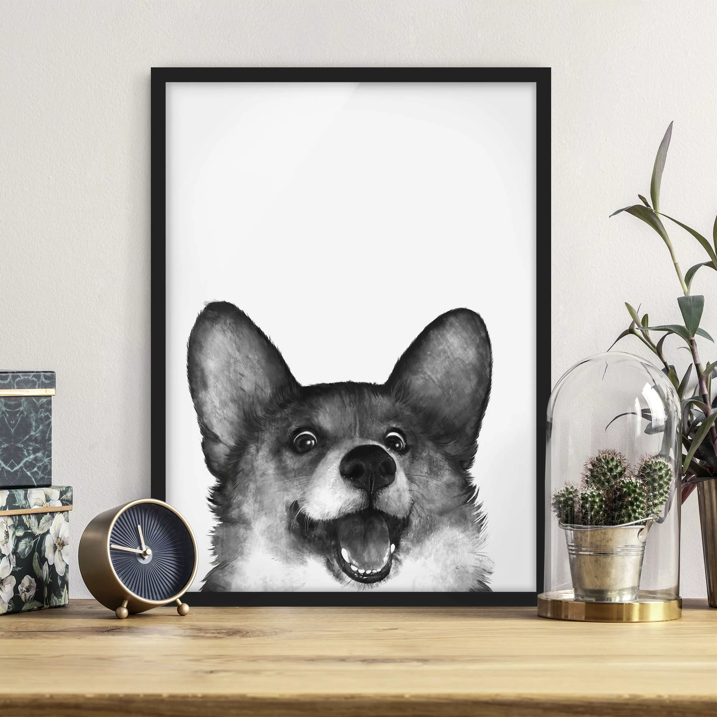 Bild mit Rahmen Tiere - Hochformat Illustration Hund Corgi Weiß Schwarz Mal günstig online kaufen
