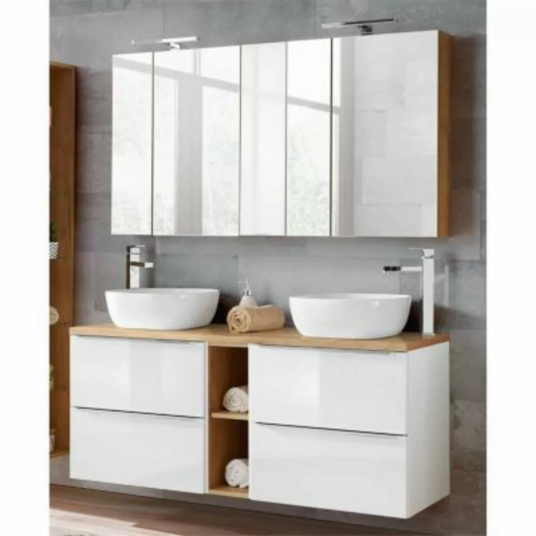 Lomadox Badmöbel Set mit 2 Keramik-Aufsatzwaschbecken und 2 Spiegelschränke günstig online kaufen