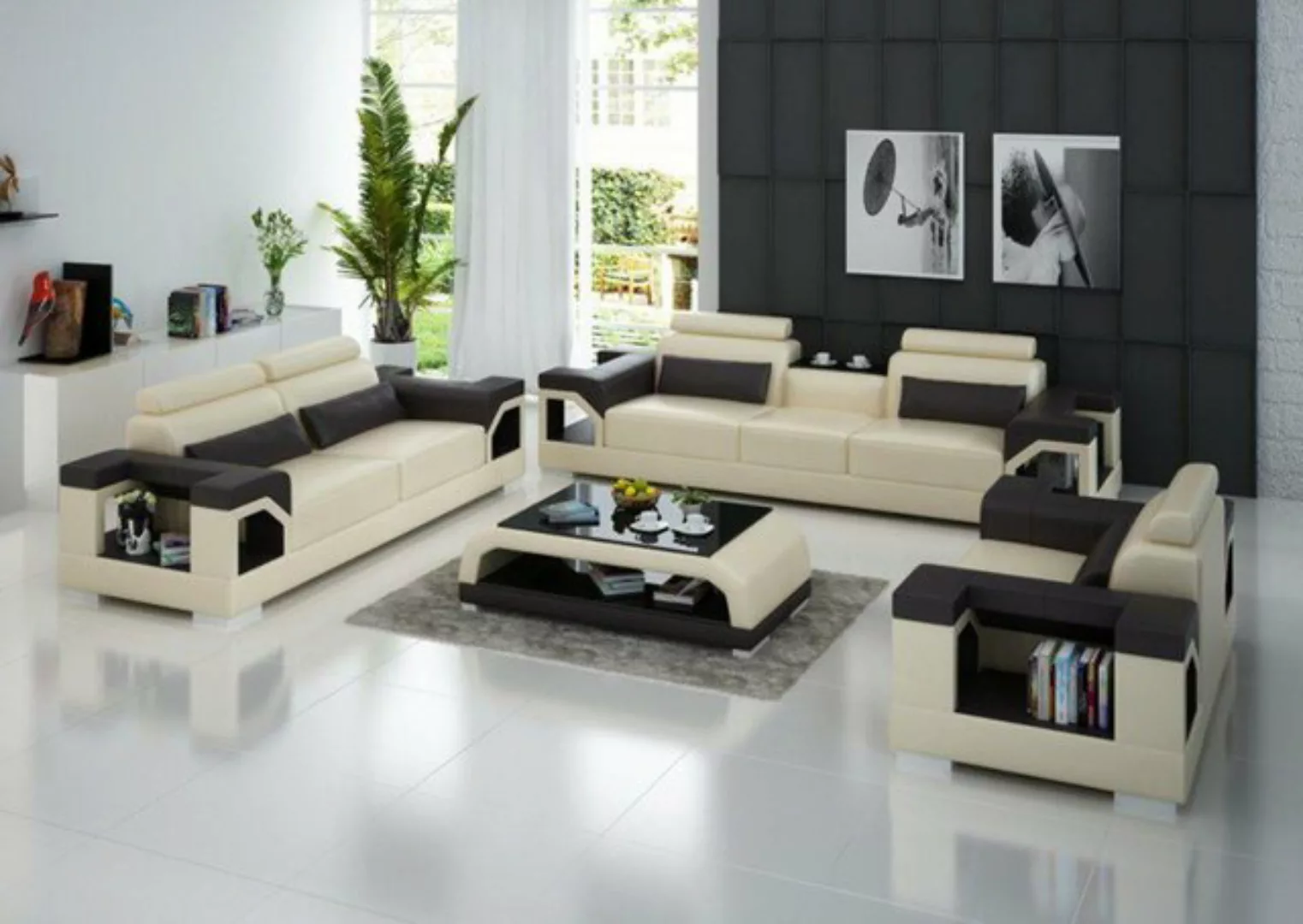 JVmoebel Sofa Beige 3+2+1 Garnitur Leder Sofa Couch Polster Couchen, Made i günstig online kaufen