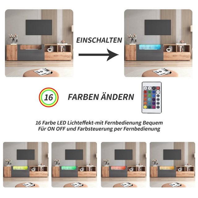 Odikalo TV-Schrank Lowboard Sideboard Lagerschrank LED Glasplatte Fächer Tü günstig online kaufen