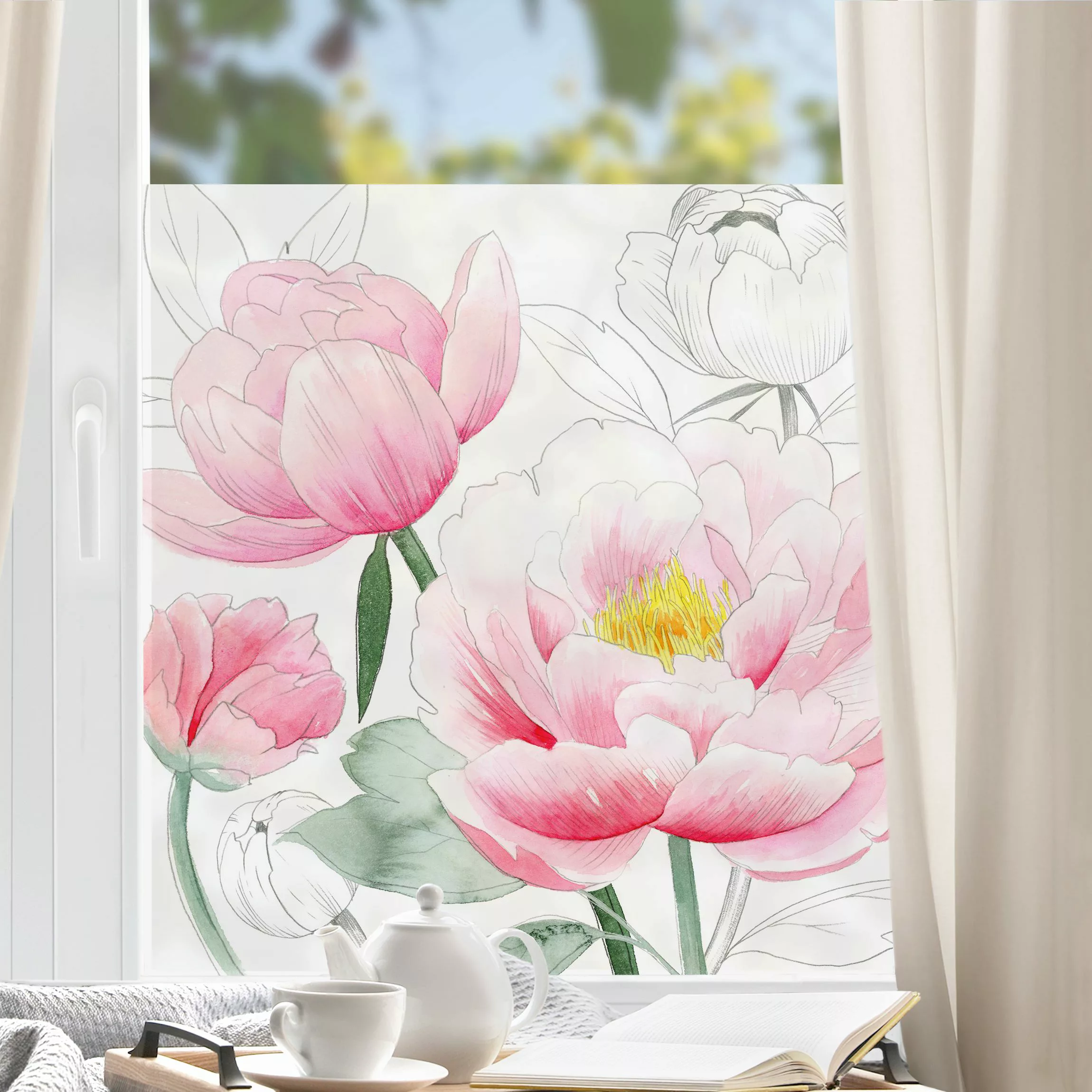 Fensterfolie Zeichnung Rosa Päonien I günstig online kaufen
