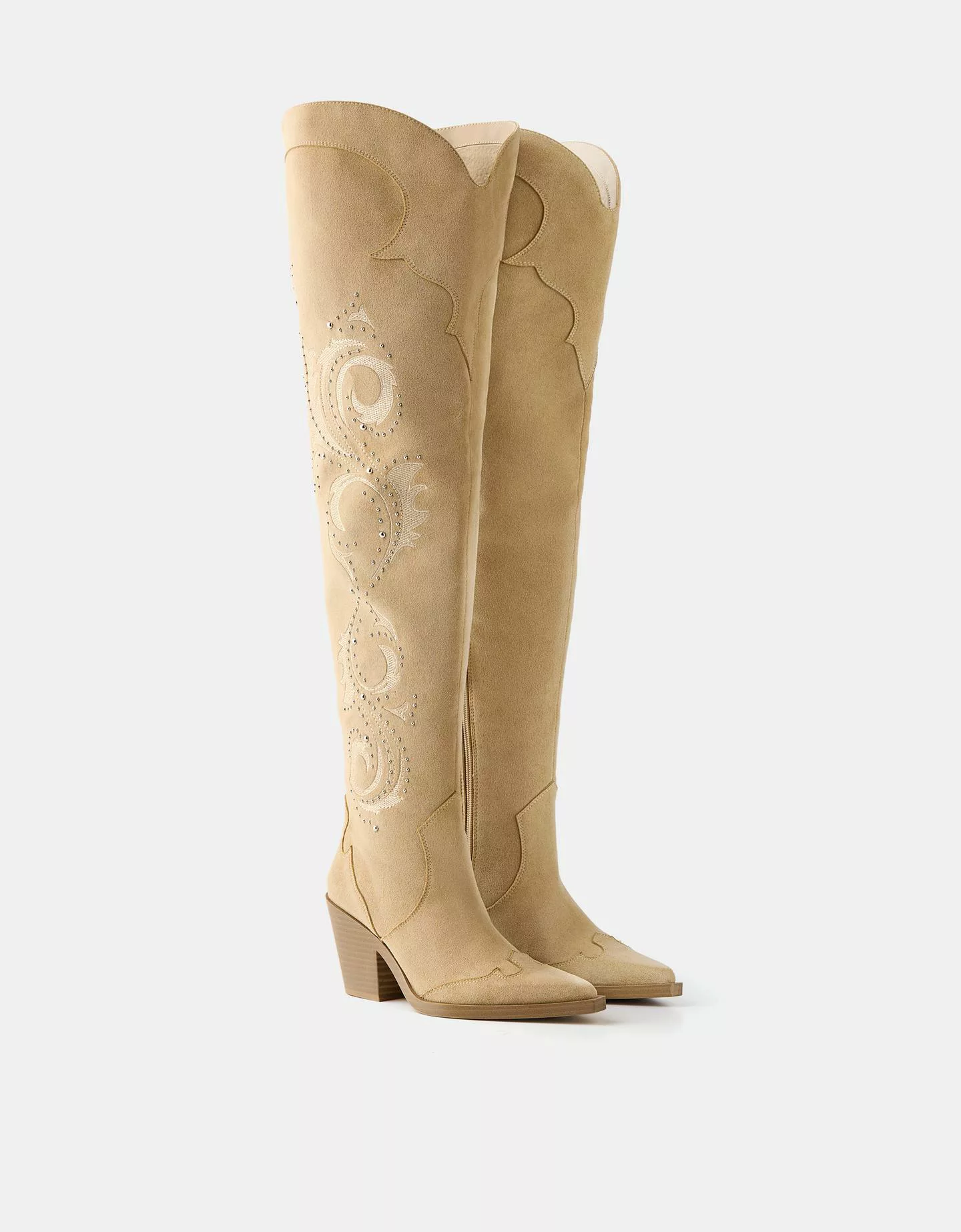 Bershka Langschaftstiefel Im Cowboylook Mit Absatz Damen 35 Beige günstig online kaufen