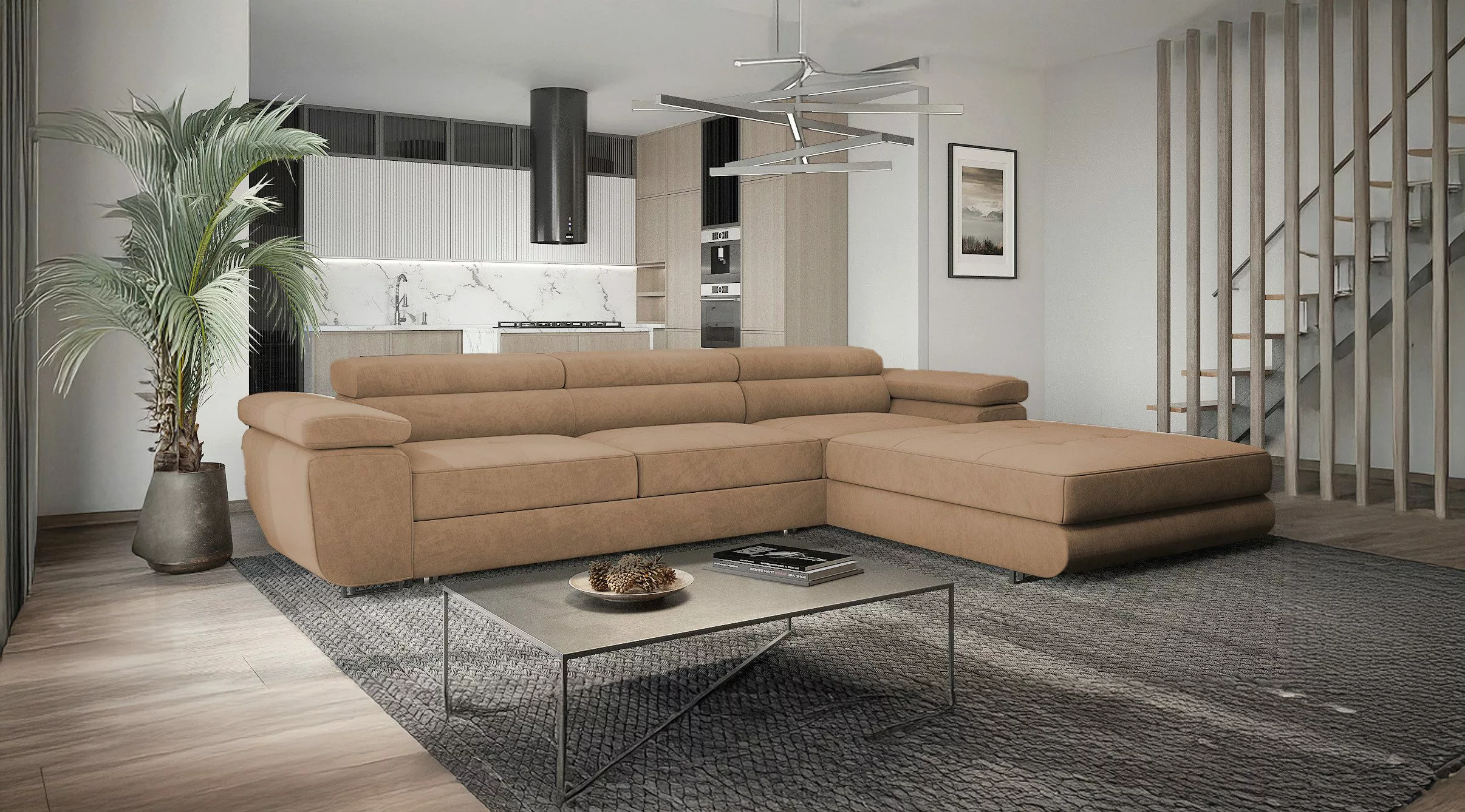 Goldstoff Ecksofa mit Schlaffunktion und Bettkasten, günstig online kaufen