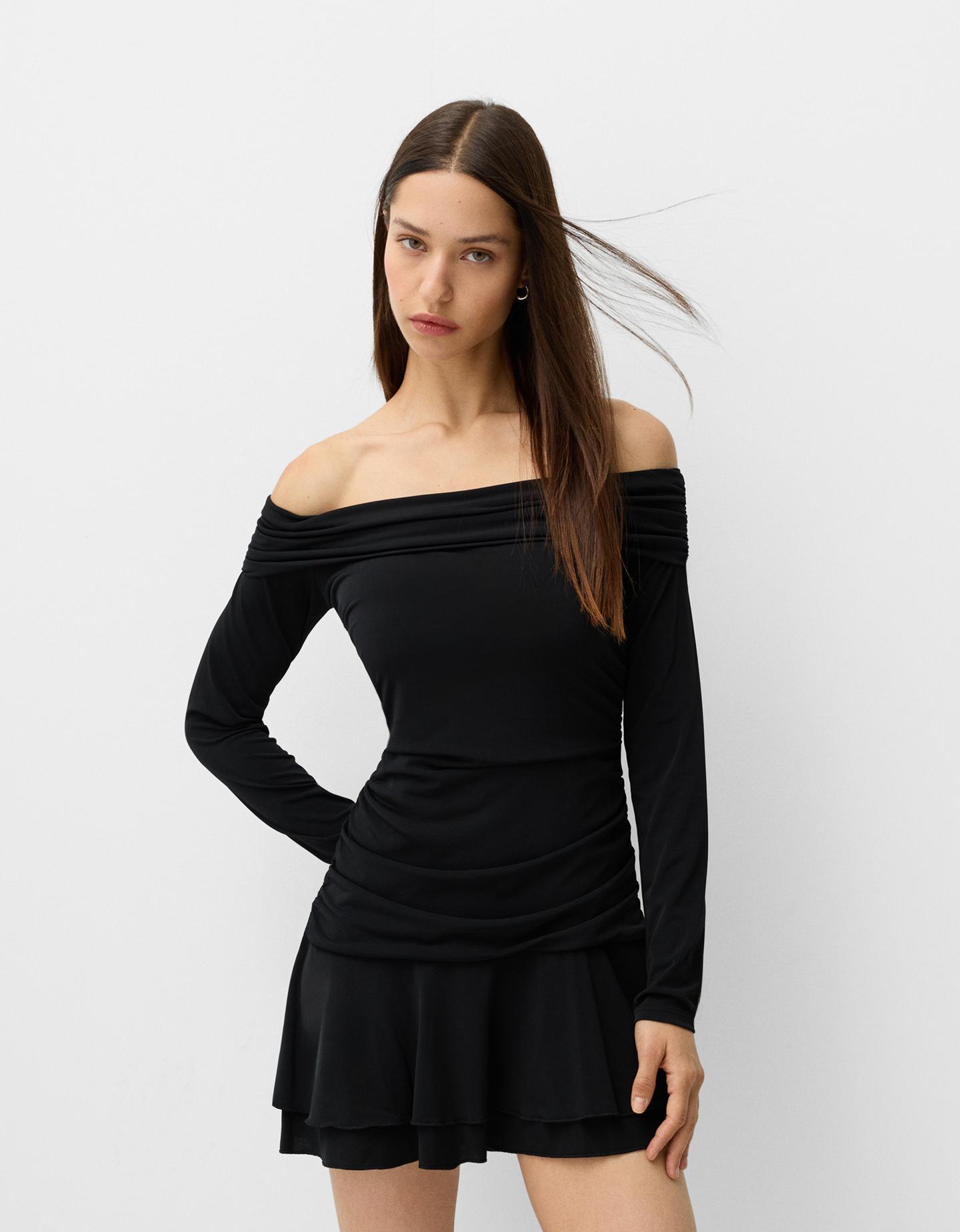 Bershka Midikleid Mit Langen Ärmeln Und Volants Damen Xl Schwarz günstig online kaufen