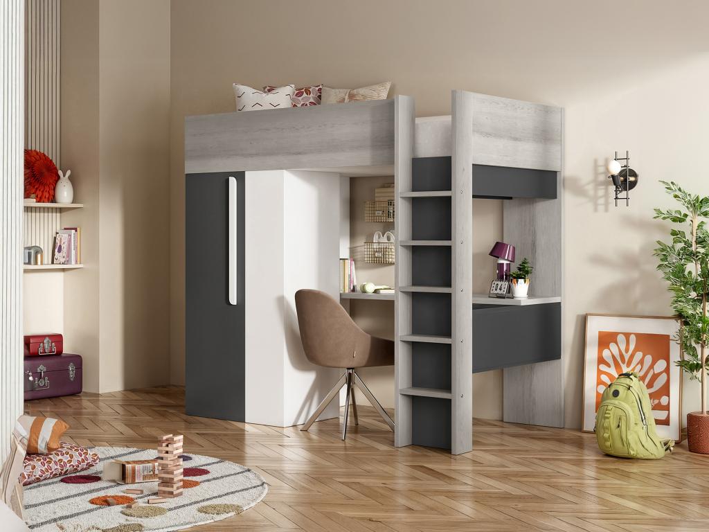 Hochbett mit Schreibtisch & Kleiderschrank - 90 x 200 cm - Anthrazit & Weiß günstig online kaufen