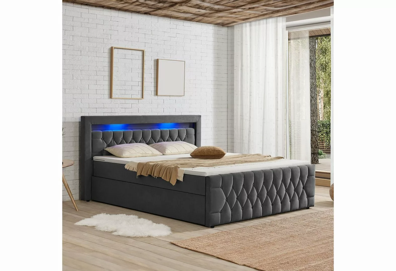 Juskys Polsterbett Leona, 140x200 cm, Boxspringbett-Optik, Samt-Bezug, LED- günstig online kaufen