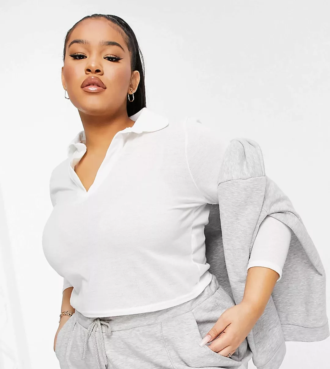 Missguided Plus – Langärmliges Polohemd in Weiß günstig online kaufen