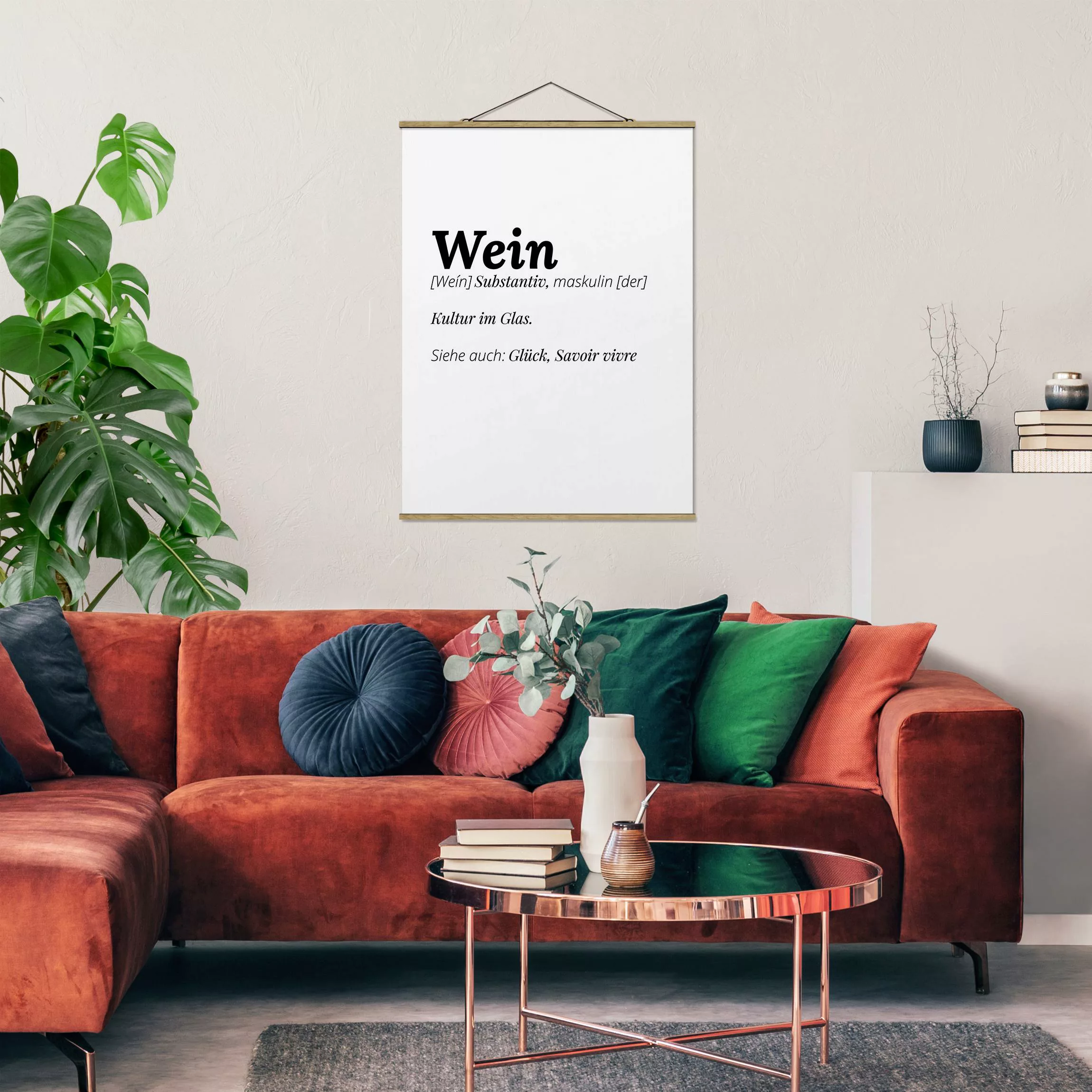 Stoffbild Spruch mit Posterleisten - Hochformat Die Definition von Wein günstig online kaufen
