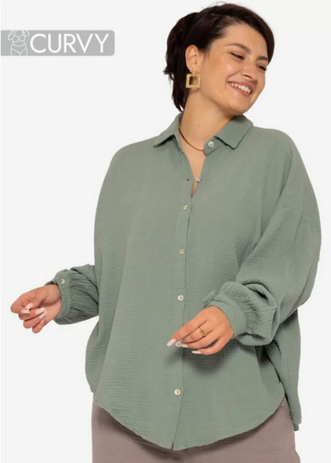 SASSYCLASSY Longbluse Curvy Musselin Bluse Oversize Plus-Size Musselin Blus günstig online kaufen