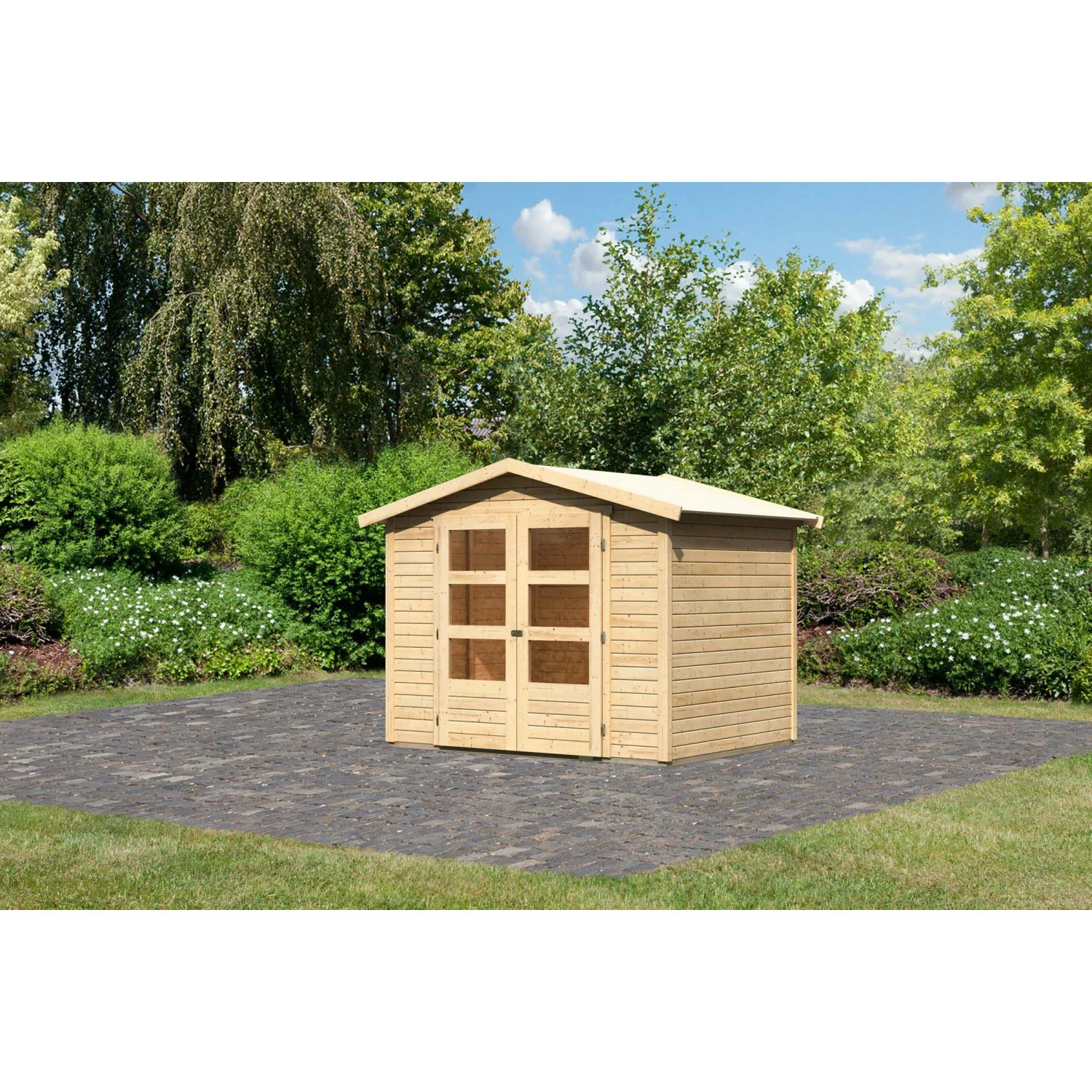 Karibu Holz-Gartenhaus/Gerätehaus Aesch Natur Satteldach Unbehandelt 242 cm günstig online kaufen