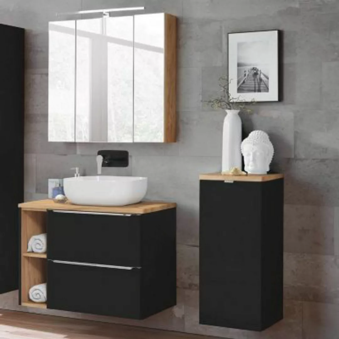Lomadox Badmöbel Set mit Keramik-Aufsatzwaschbecken TOSKANA-BLACK-56  seide günstig online kaufen
