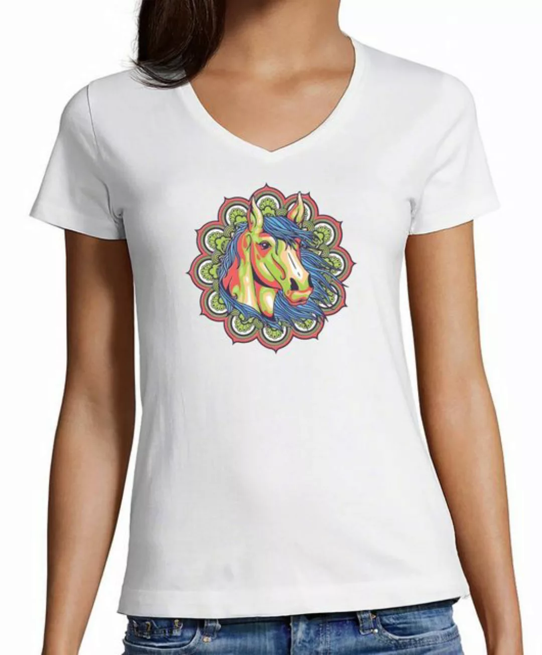 MyDesign24 T-Shirt Damen Pferde Print Shirt - Pferdekopf im Mandala Stil V- günstig online kaufen