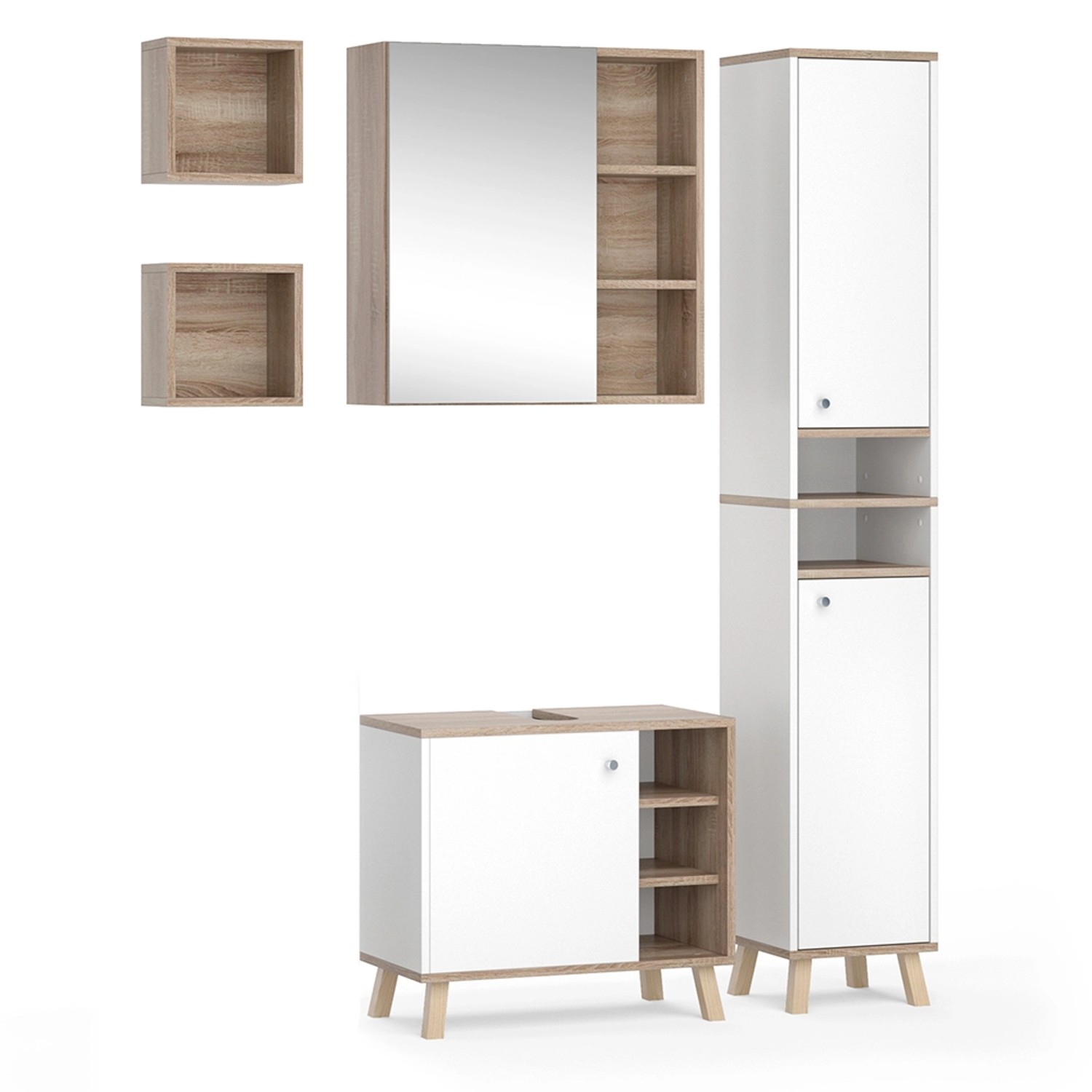 Vicco Badmöbel-Set Senyo Weiß/Sonoma 4 Teile mit Hochschrank günstig online kaufen