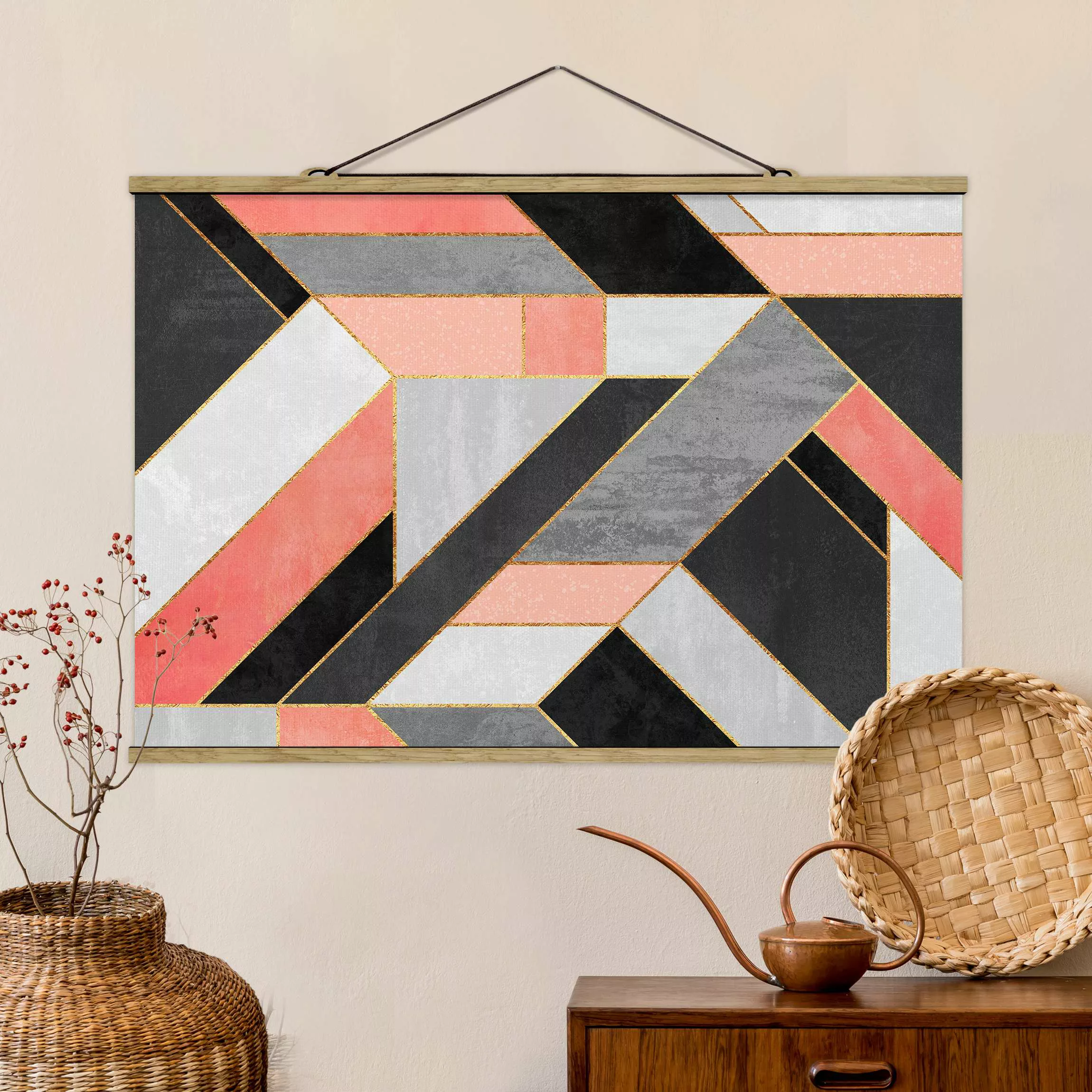 Stoffbild Abstrakt mit Posterleisten - Querformat Geometrie Rosa und Gold günstig online kaufen