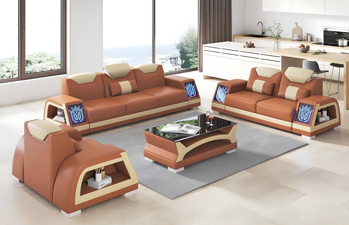 Xlmoebel Sofa Vollständiges Ledersofa-Set in Braun, bestehend aus drei Sofa günstig online kaufen