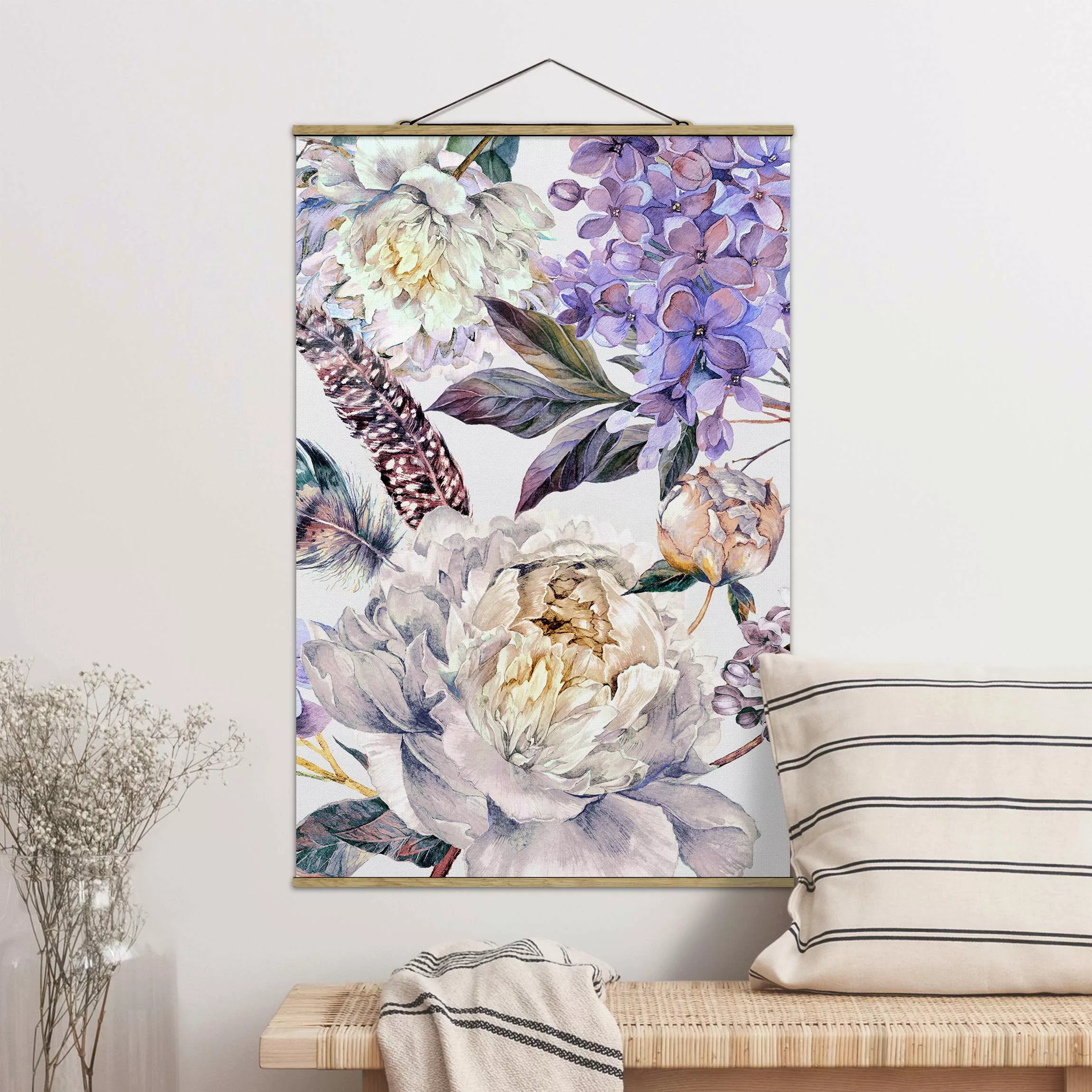 Stoffbild mit Posterleisten Zartes Aquarell Boho Blüten und Federn Muster günstig online kaufen