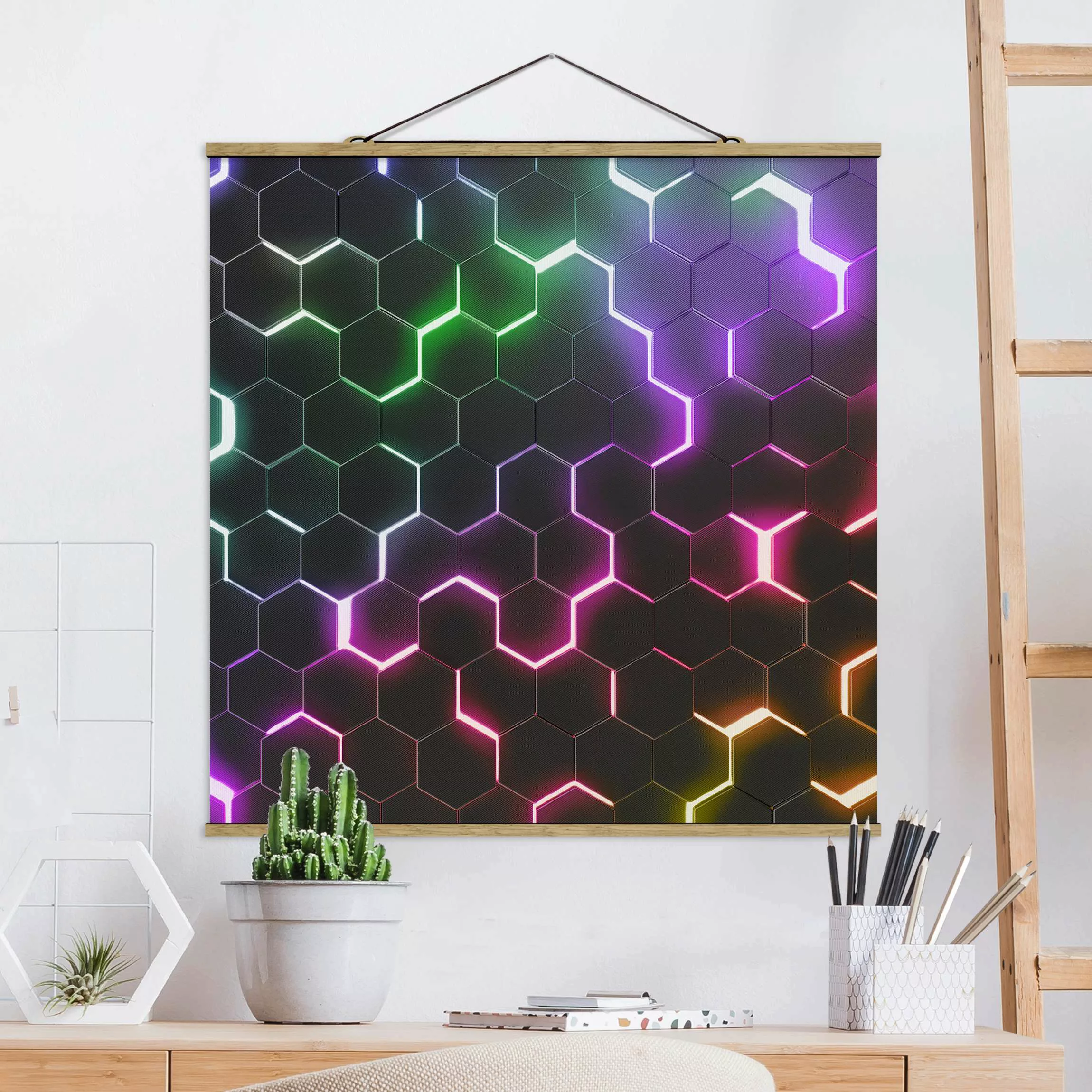 Stoffbild mit Posterleisten Strukturierte Hexagone mit Neonlicht günstig online kaufen