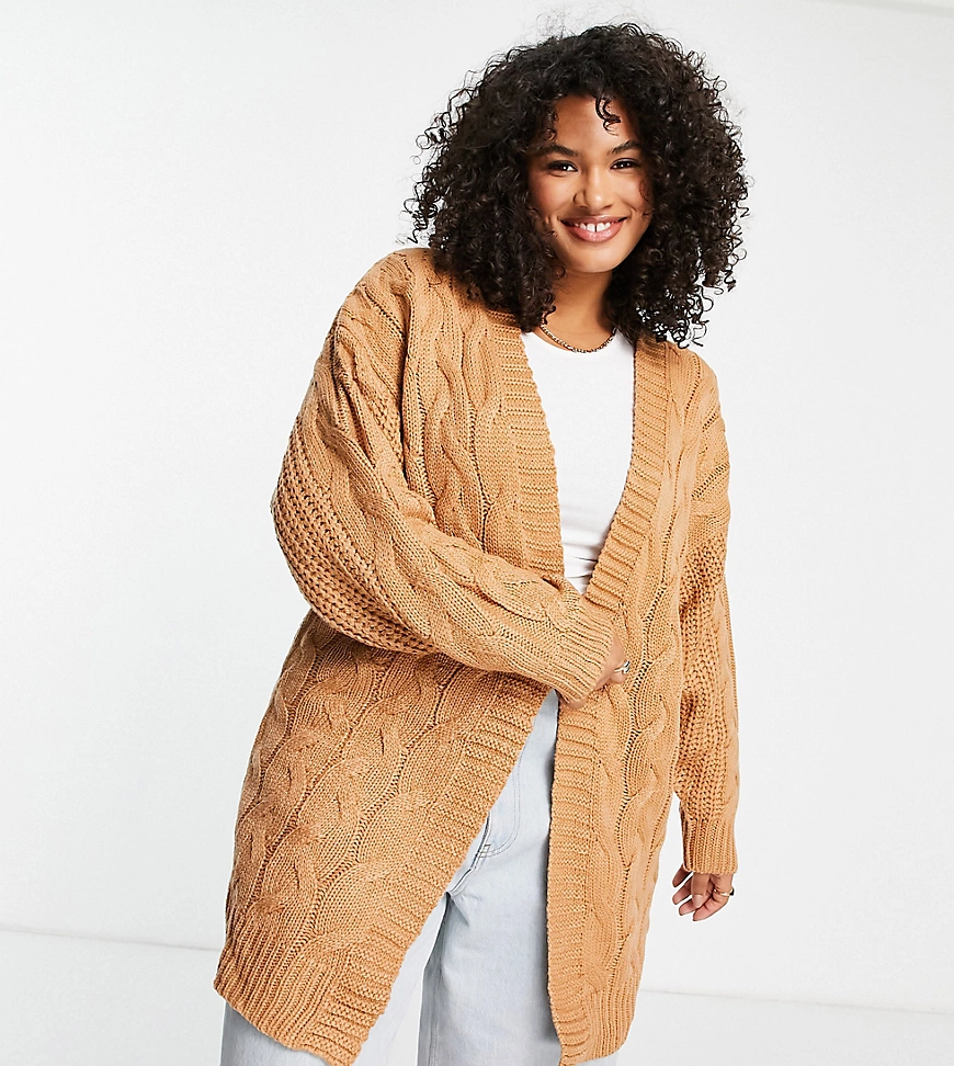 Brave Soul Plus – Organica – Strickjacke mit Zopfmuster in Camel-Braun günstig online kaufen