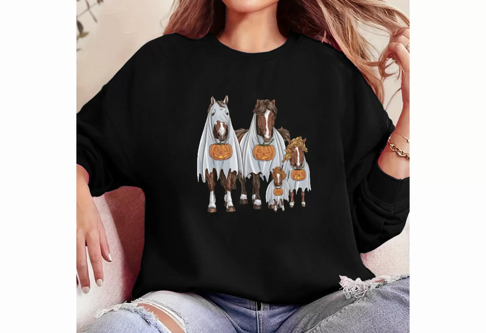 PYL Fleecepullover Damen Halloween Sweatshirt mit Pferd, Kürbis Druck Loose günstig online kaufen